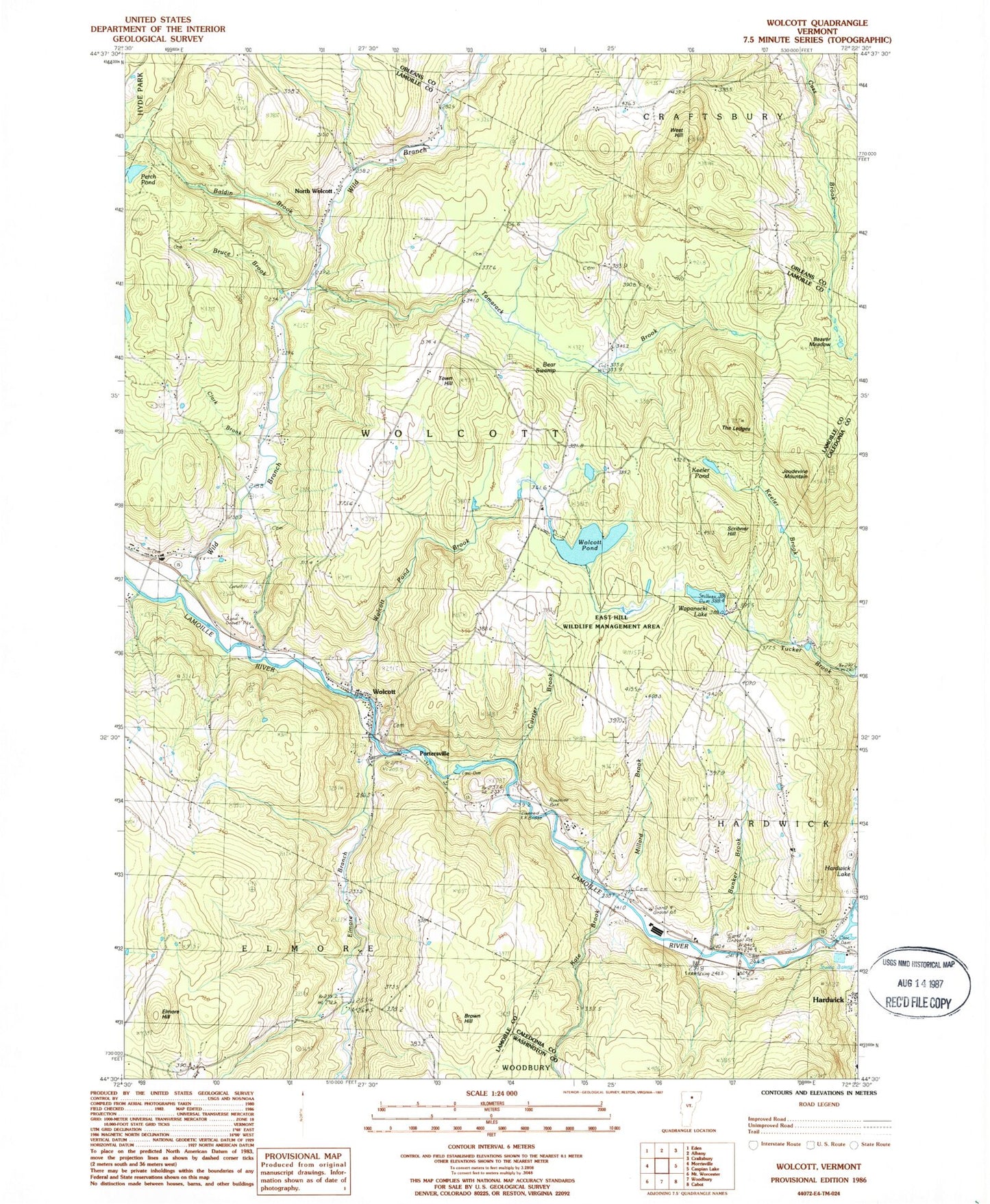 Classic USGS Wolcott Vermont 7.5'x7.5' Topo Map Image