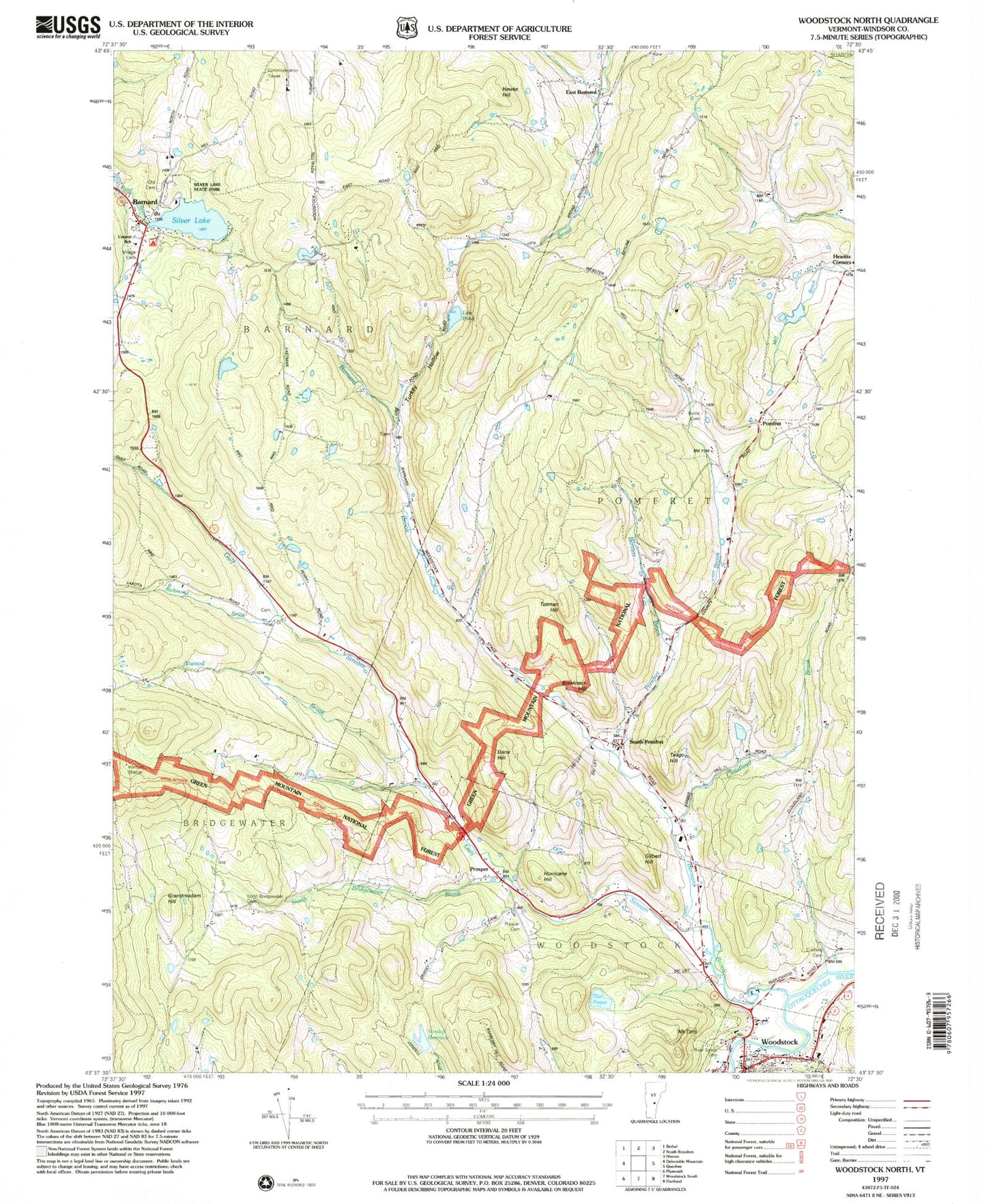 Classic USGS Woodstock North Vermont 7.5'x7.5' Topo Map Image