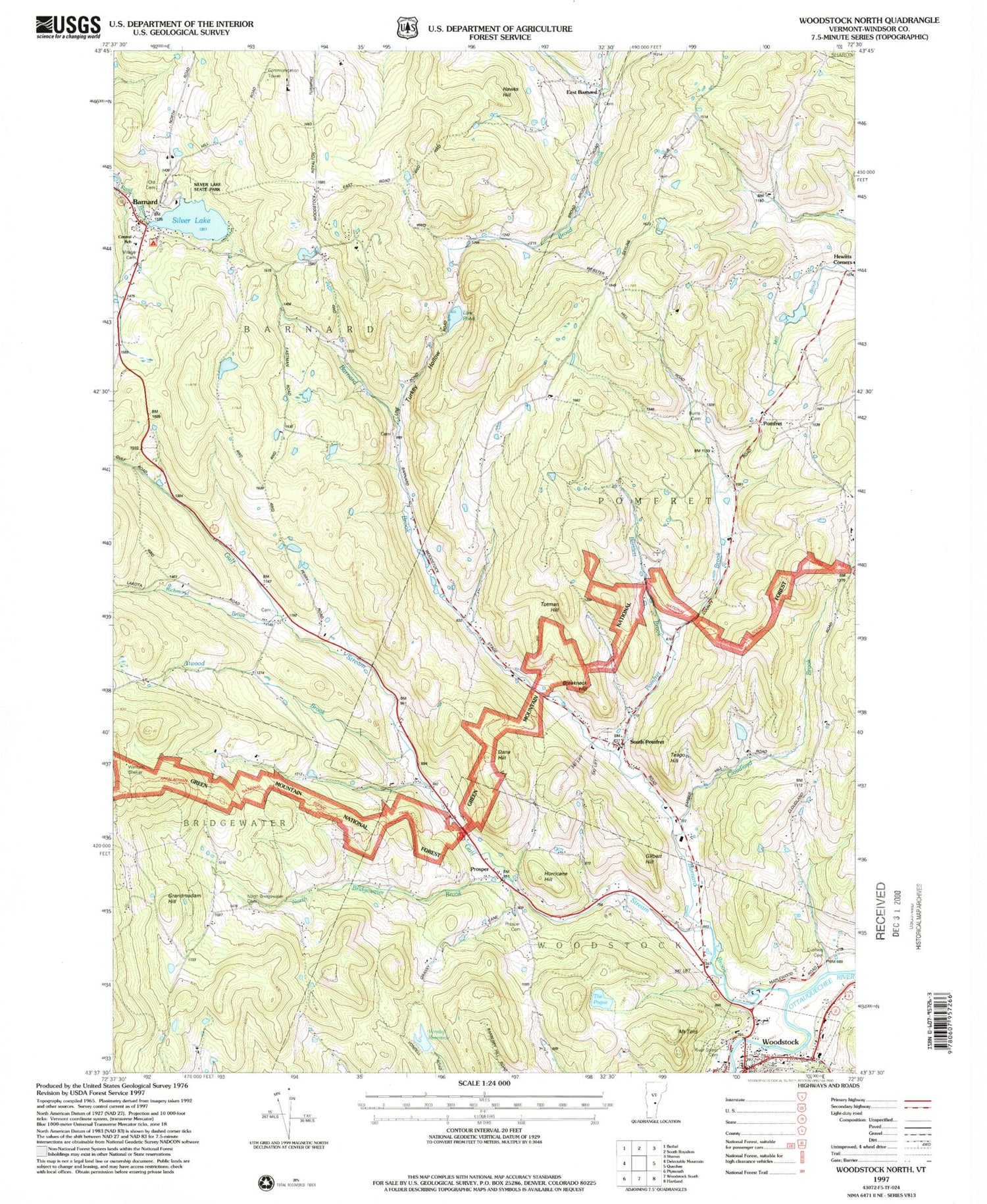 Classic USGS Woodstock North Vermont 7.5'x7.5' Topo Map Image