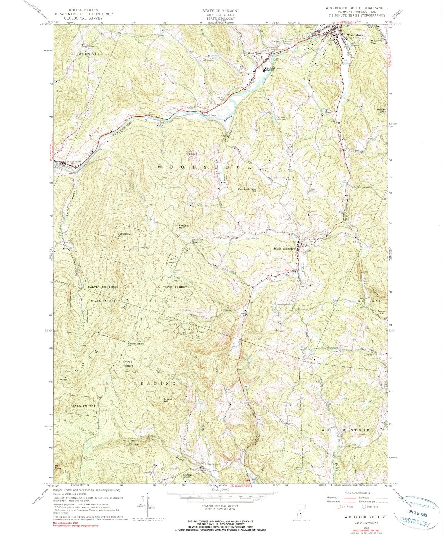Classic USGS Woodstock South Vermont 7.5'x7.5' Topo Map Image