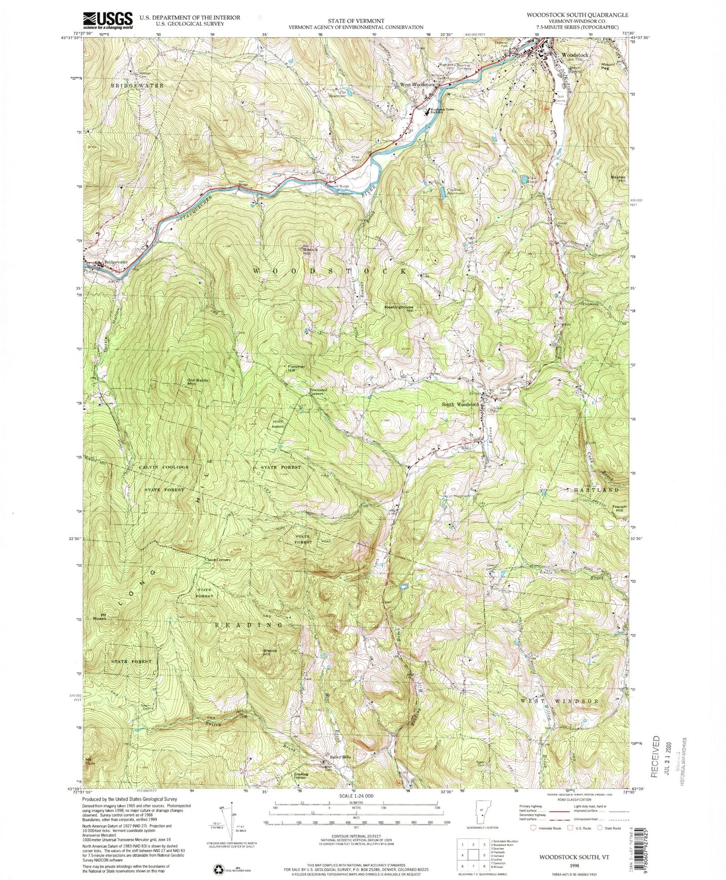 Classic USGS Woodstock South Vermont 7.5'x7.5' Topo Map Image