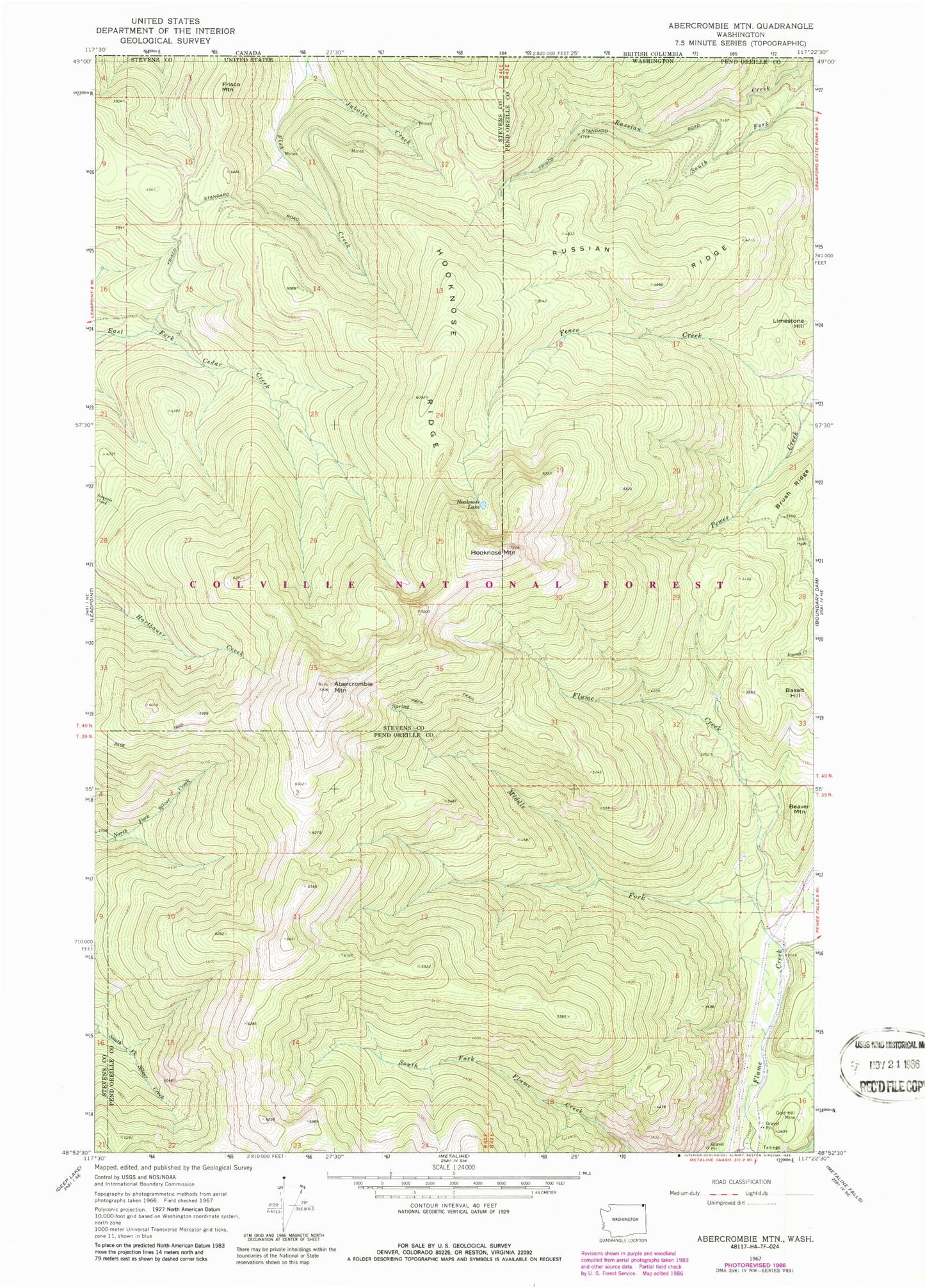 Classic USGS Abercrombie Mountain Washington 7.5'x7.5' Topo Map Image