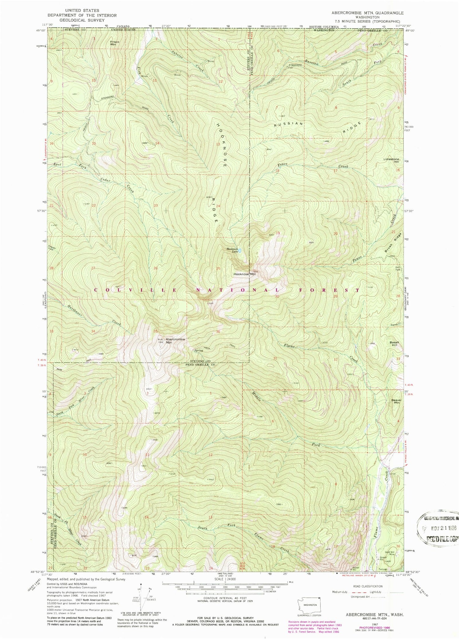 Classic USGS Abercrombie Mountain Washington 7.5'x7.5' Topo Map Image