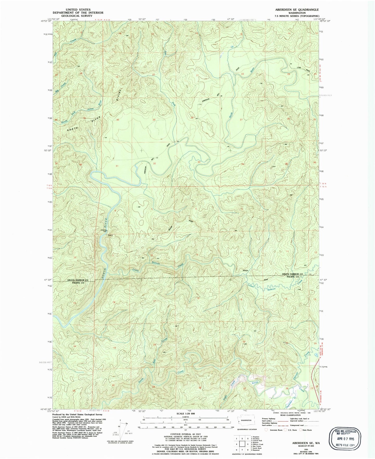 Classic USGS Aberdeen SE Washington 7.5'x7.5' Topo Map Image