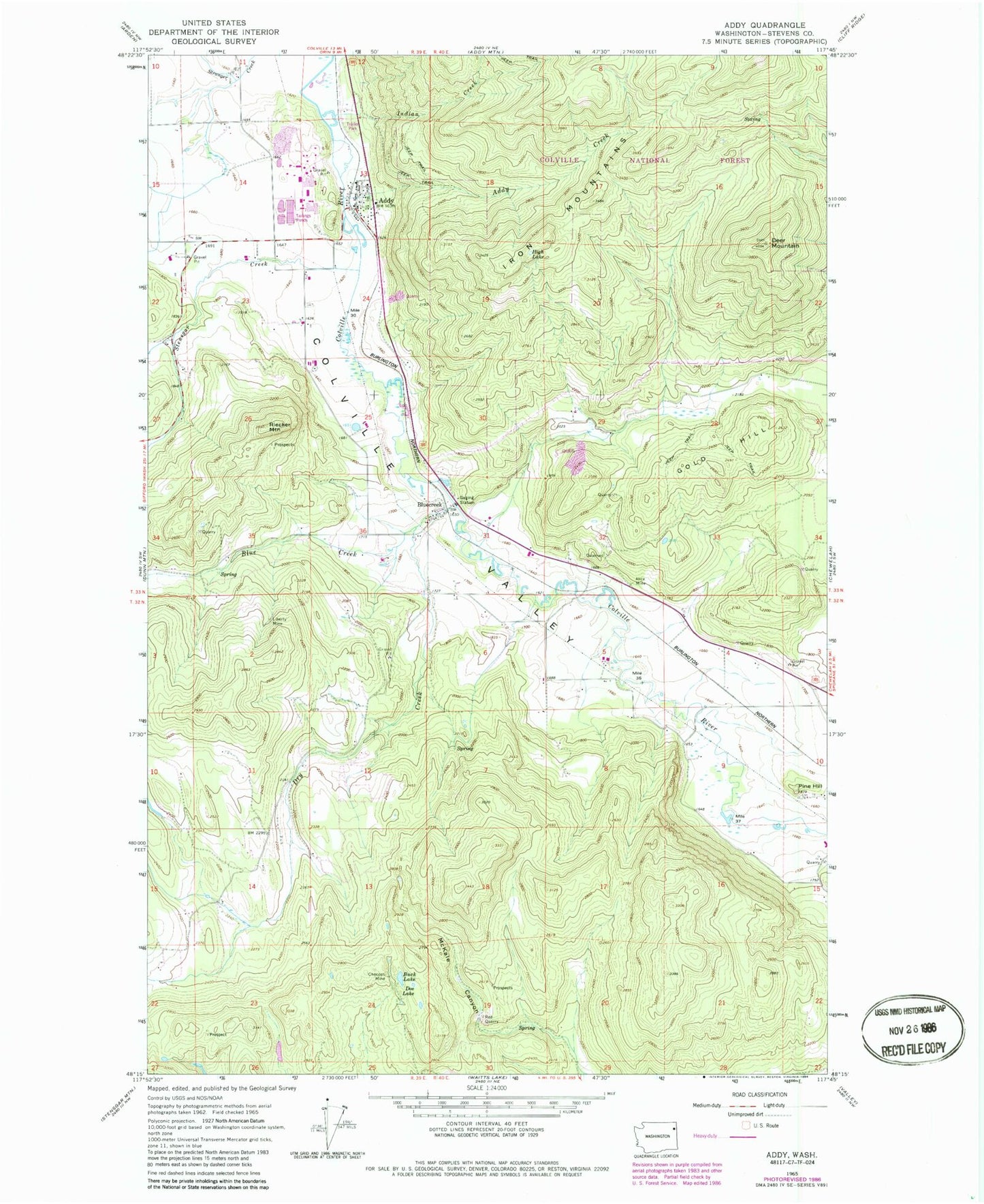 Classic USGS Addy Washington 7.5'x7.5' Topo Map Image