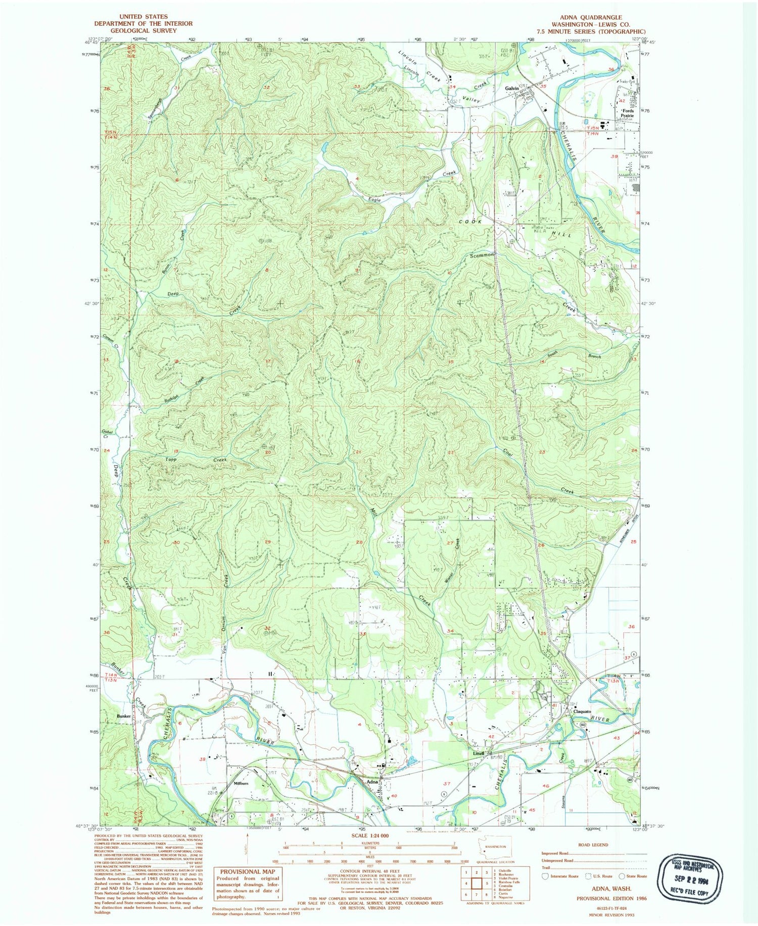Classic USGS Adna Washington 7.5'x7.5' Topo Map Image