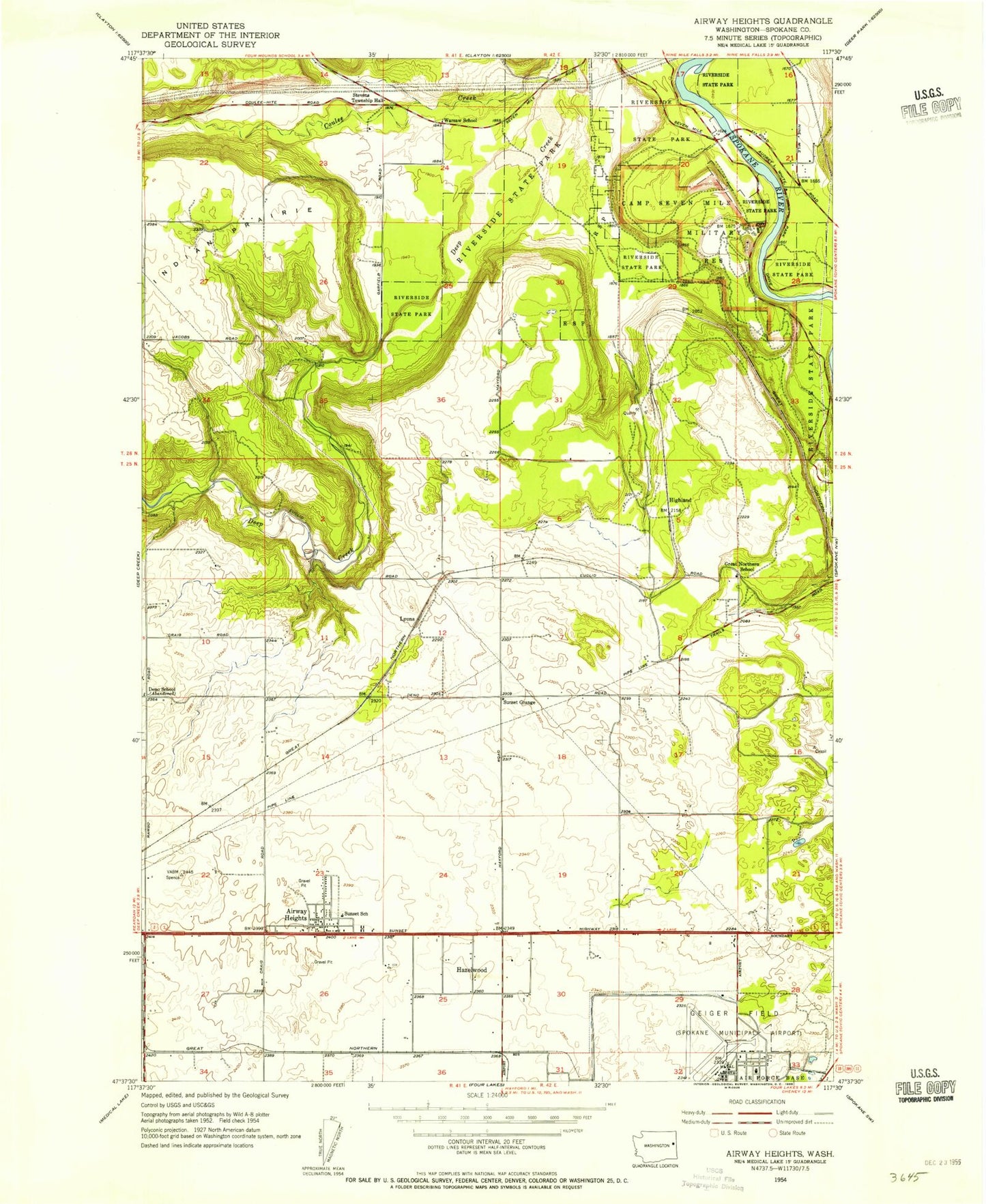 Classic USGS Airway Heights Washington 7.5'x7.5' Topo Map Image