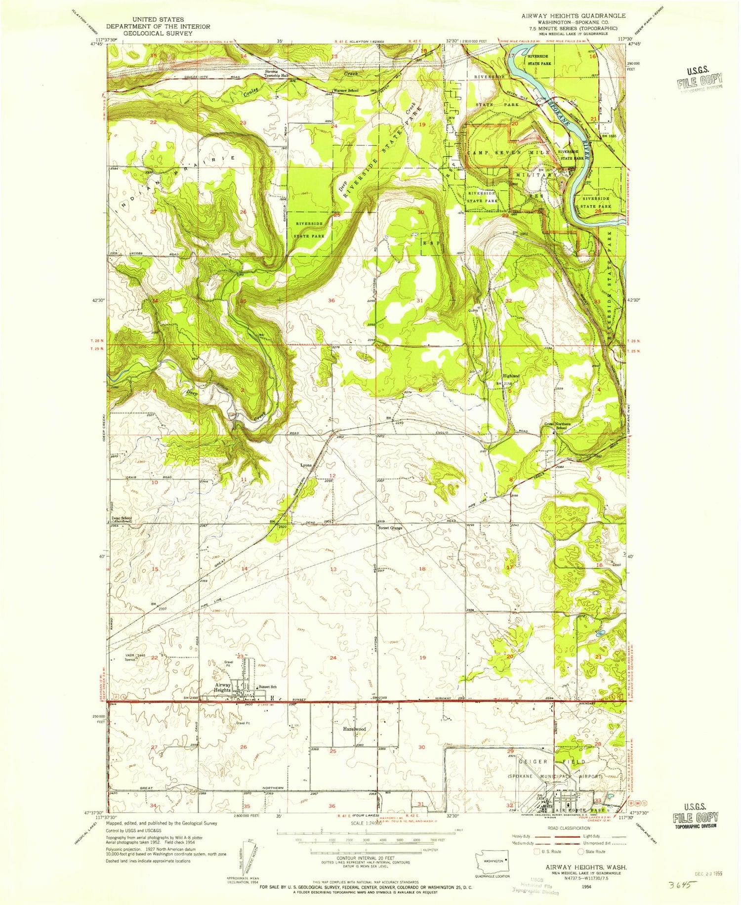 Classic USGS Airway Heights Washington 7.5'x7.5' Topo Map Image