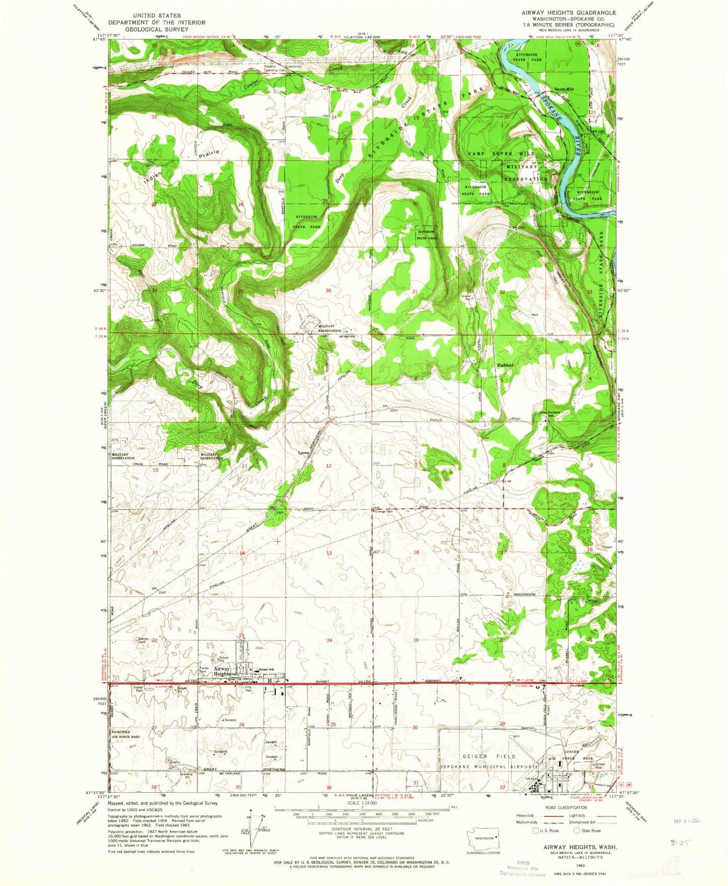 Classic USGS Airway Heights Washington 7.5'x7.5' Topo Map Image