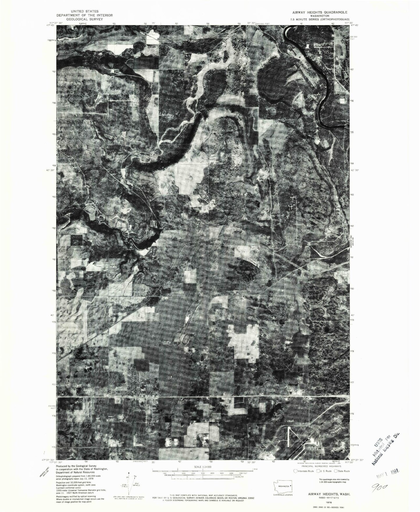 Classic USGS Airway Heights Washington 7.5'x7.5' Topo Map Image