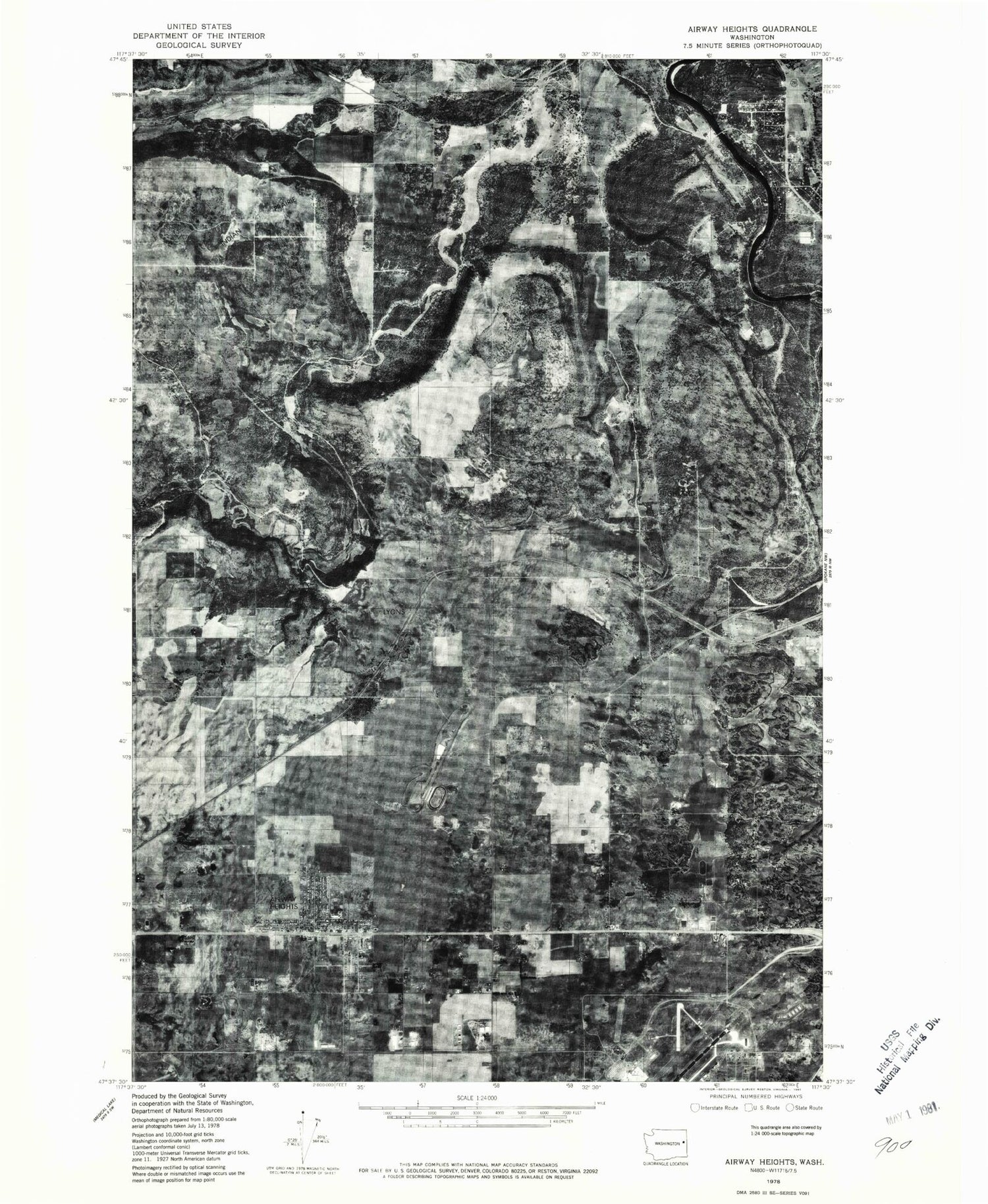 Classic USGS Airway Heights Washington 7.5'x7.5' Topo Map Image