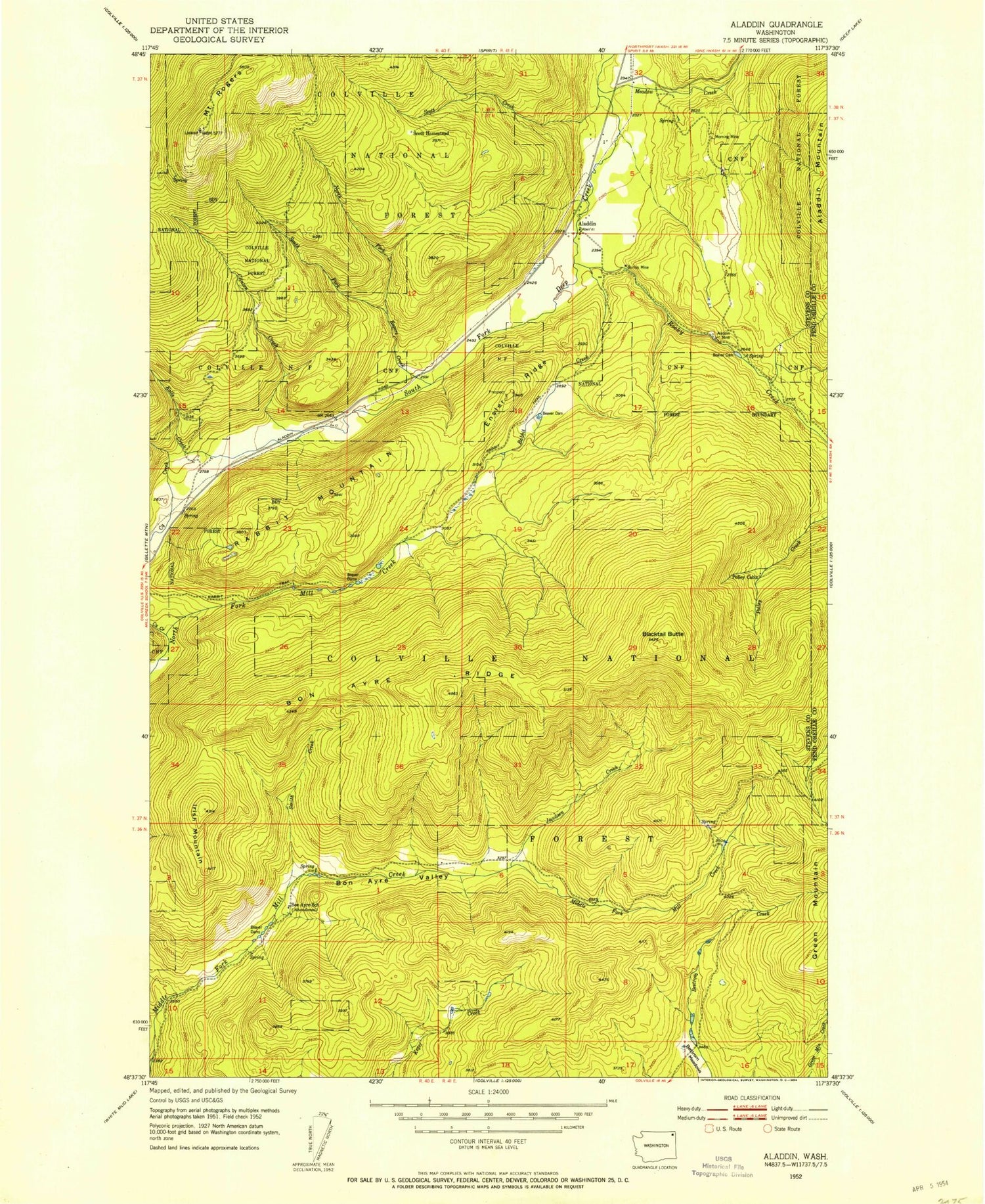 Classic USGS Aladdin Washington 7.5'x7.5' Topo Map Image