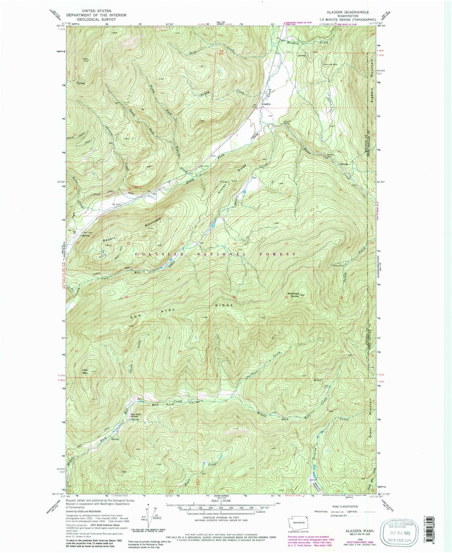 Classic USGS Aladdin Washington 7.5'x7.5' Topo Map Image