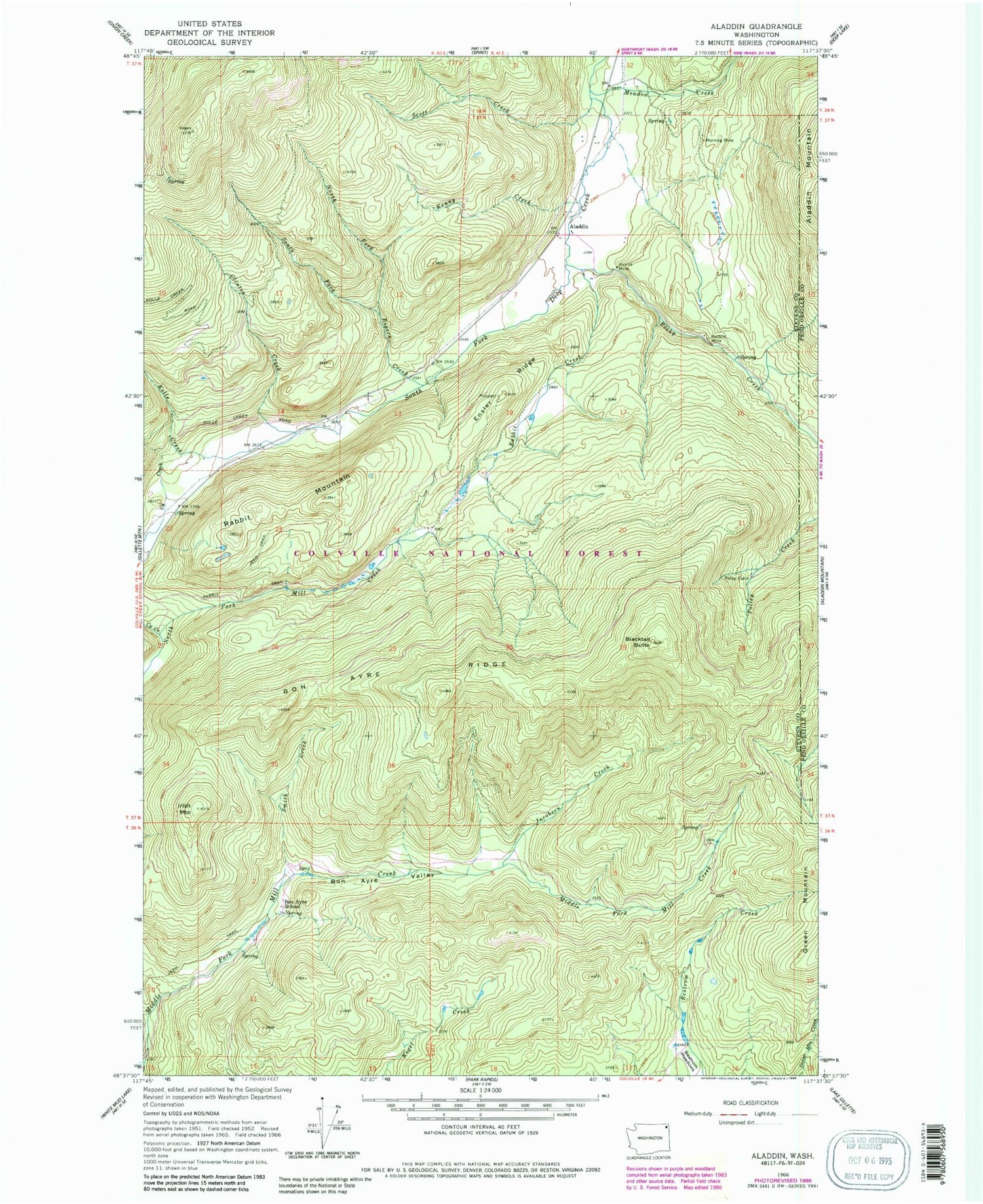 Classic USGS Aladdin Washington 7.5'x7.5' Topo Map Image