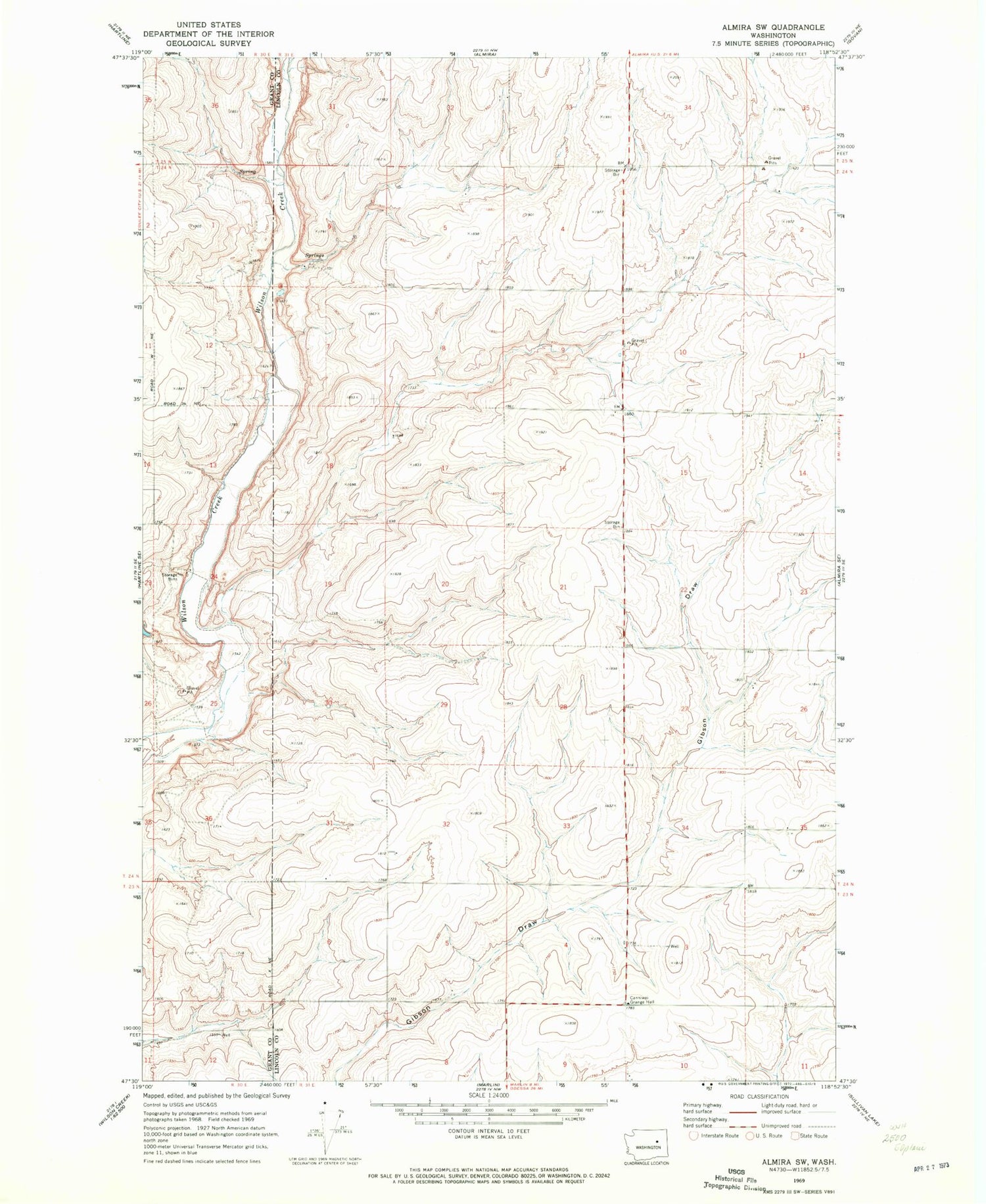 Classic USGS Almira SW Washington 7.5'x7.5' Topo Map Image
