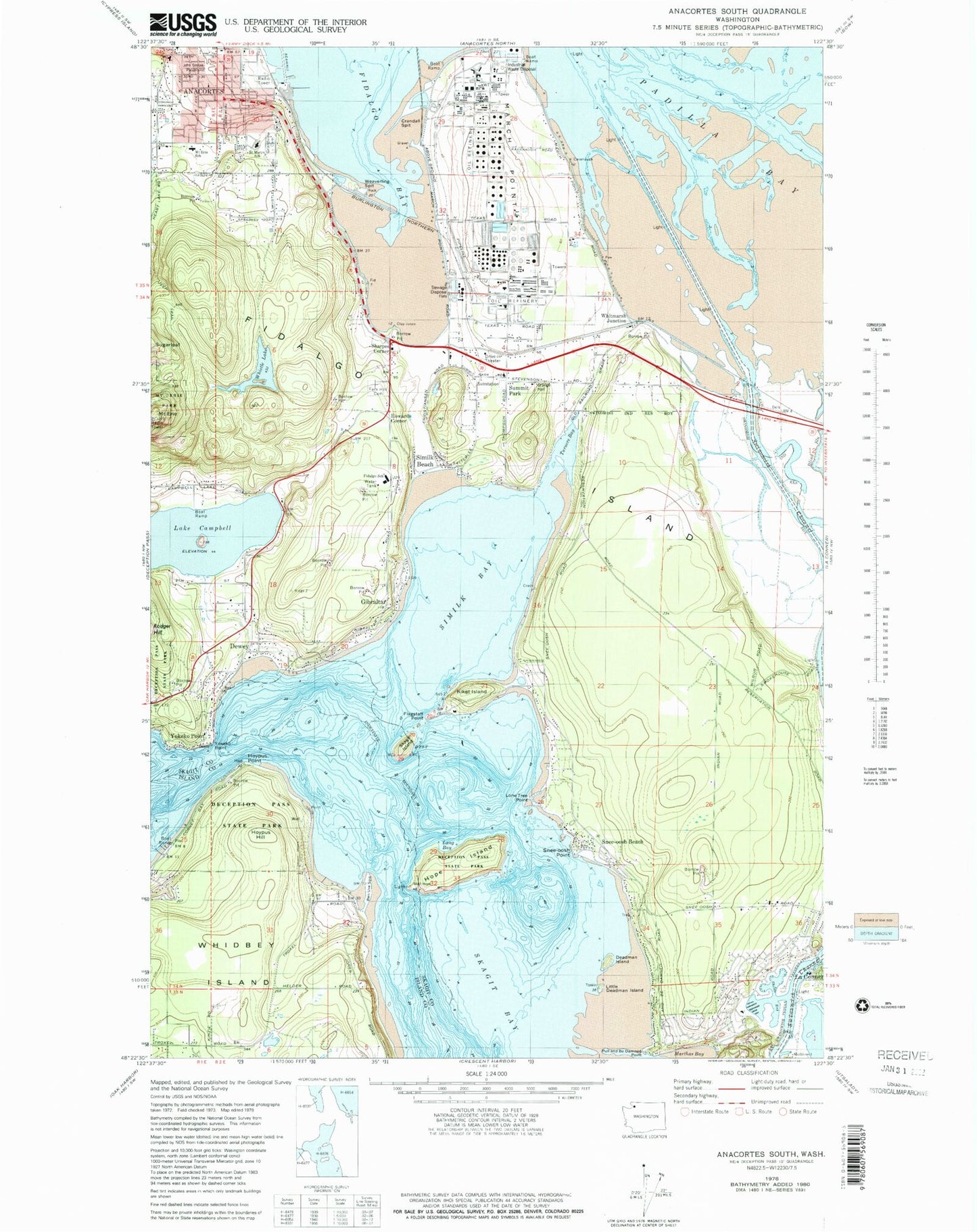 Classic USGS Anacortes South Washington 7.5'x7.5' Topo Map Image