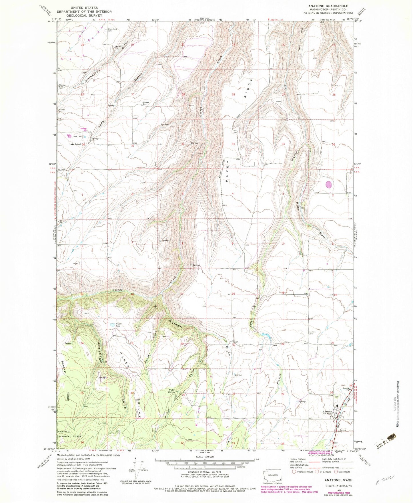 Classic USGS Anatone Washington 7.5'x7.5' Topo Map Image
