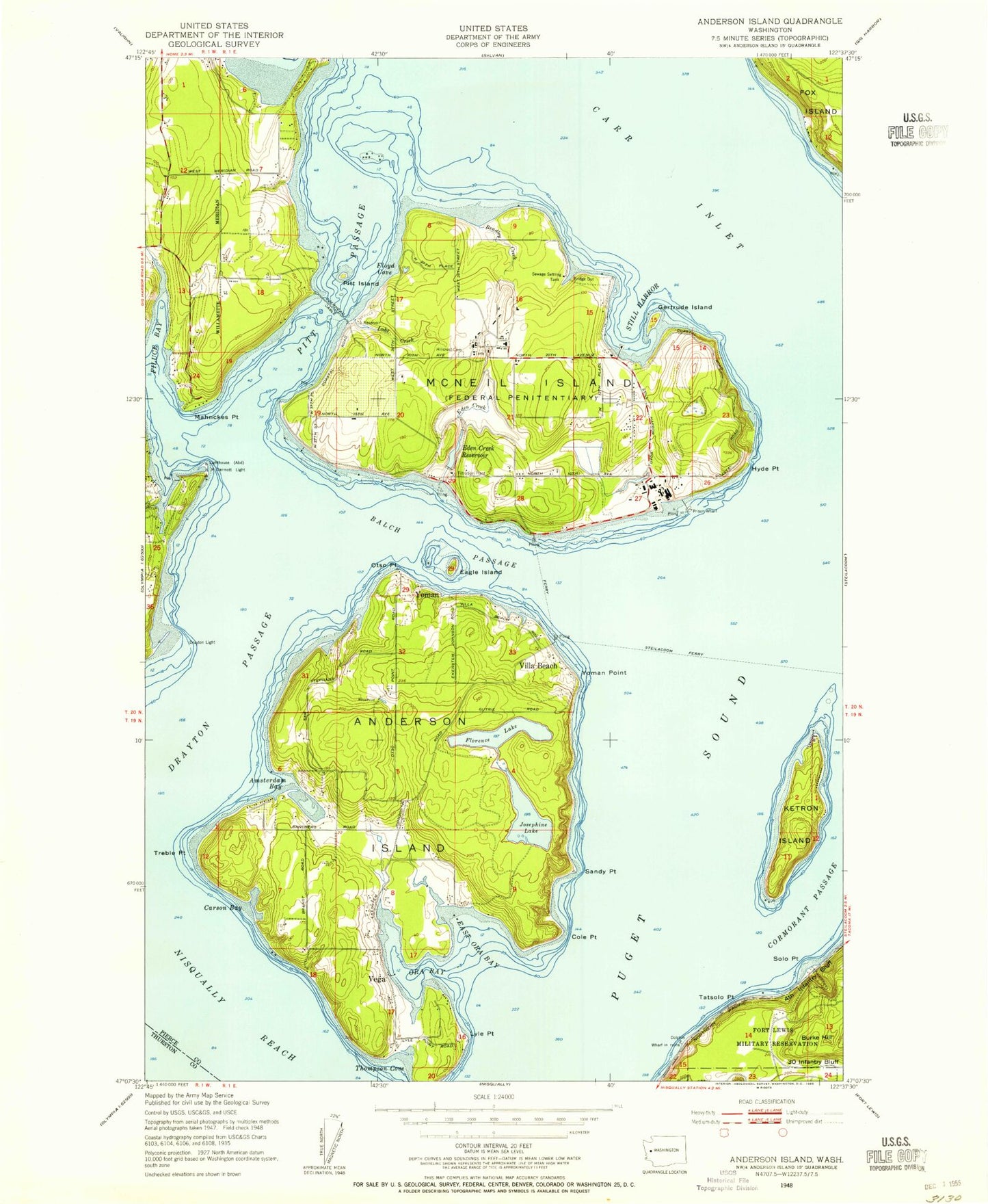 Classic USGS McNeil Island Washington 7.5'x7.5' Topo Map Image