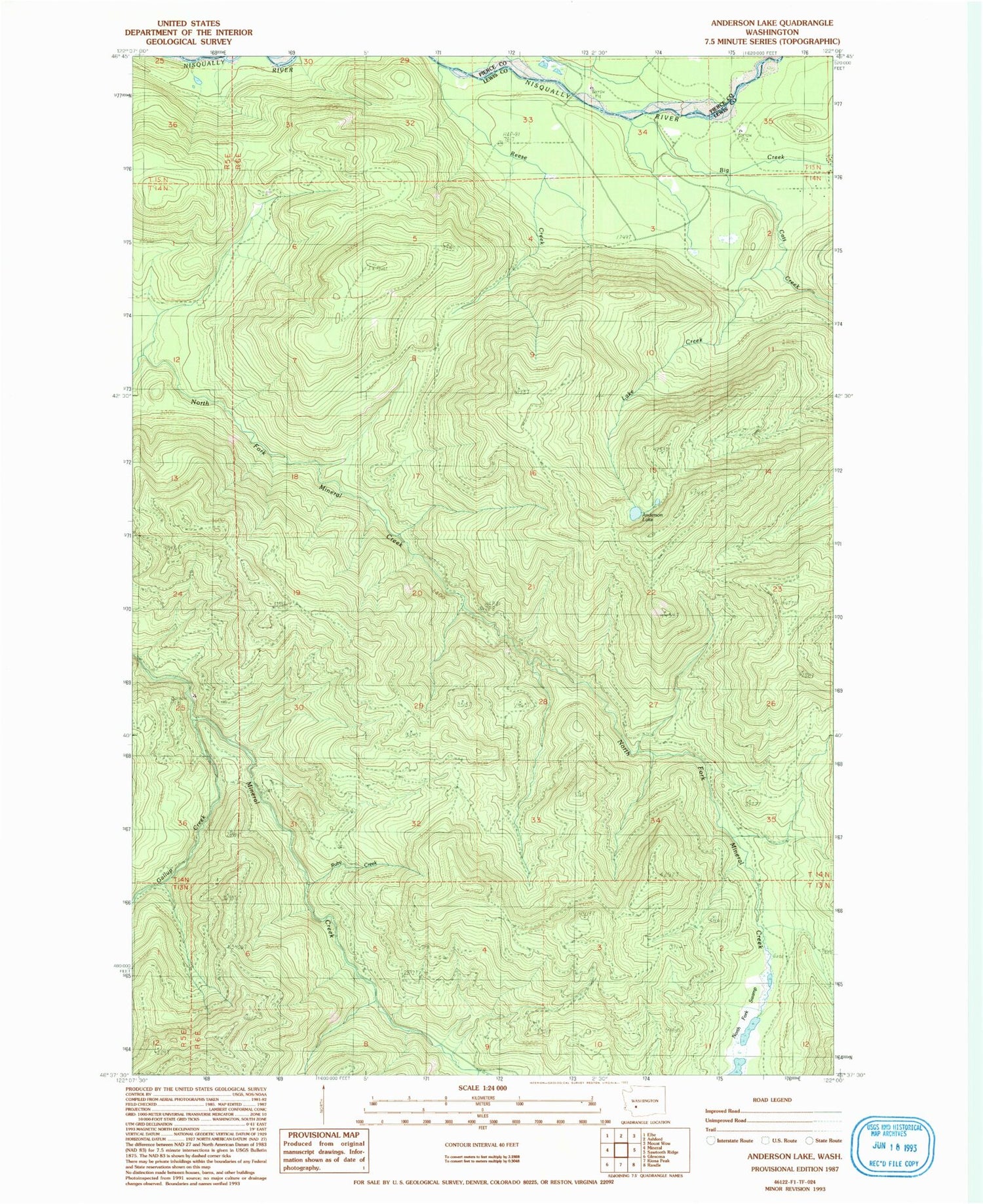 Classic USGS Anderson Lake Washington 7.5'x7.5' Topo Map Image