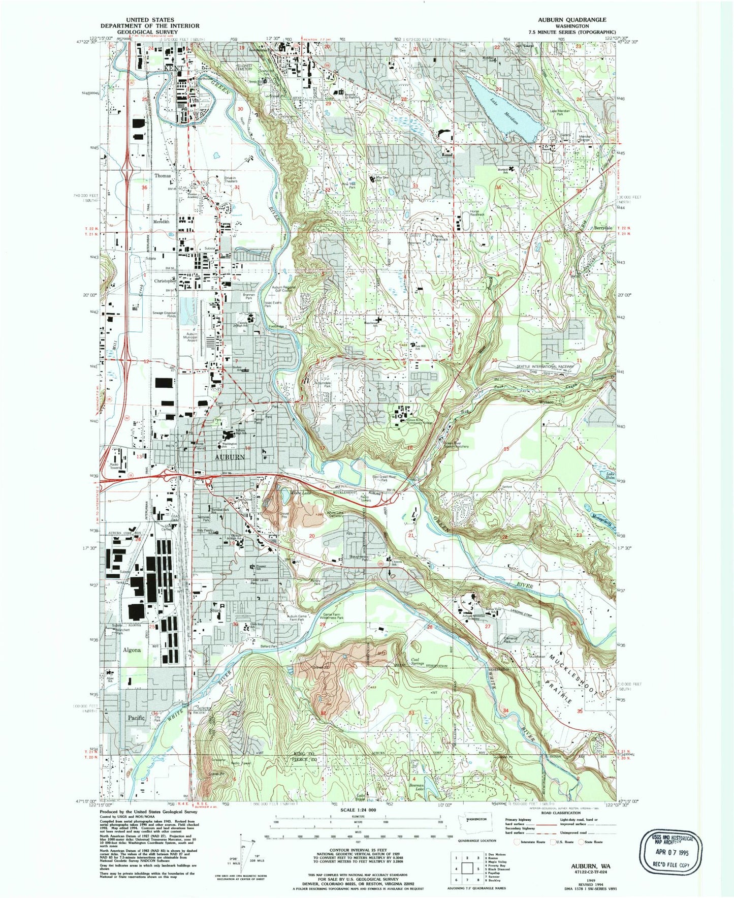 Classic USGS Auburn Washington 7.5'x7.5' Topo Map Image