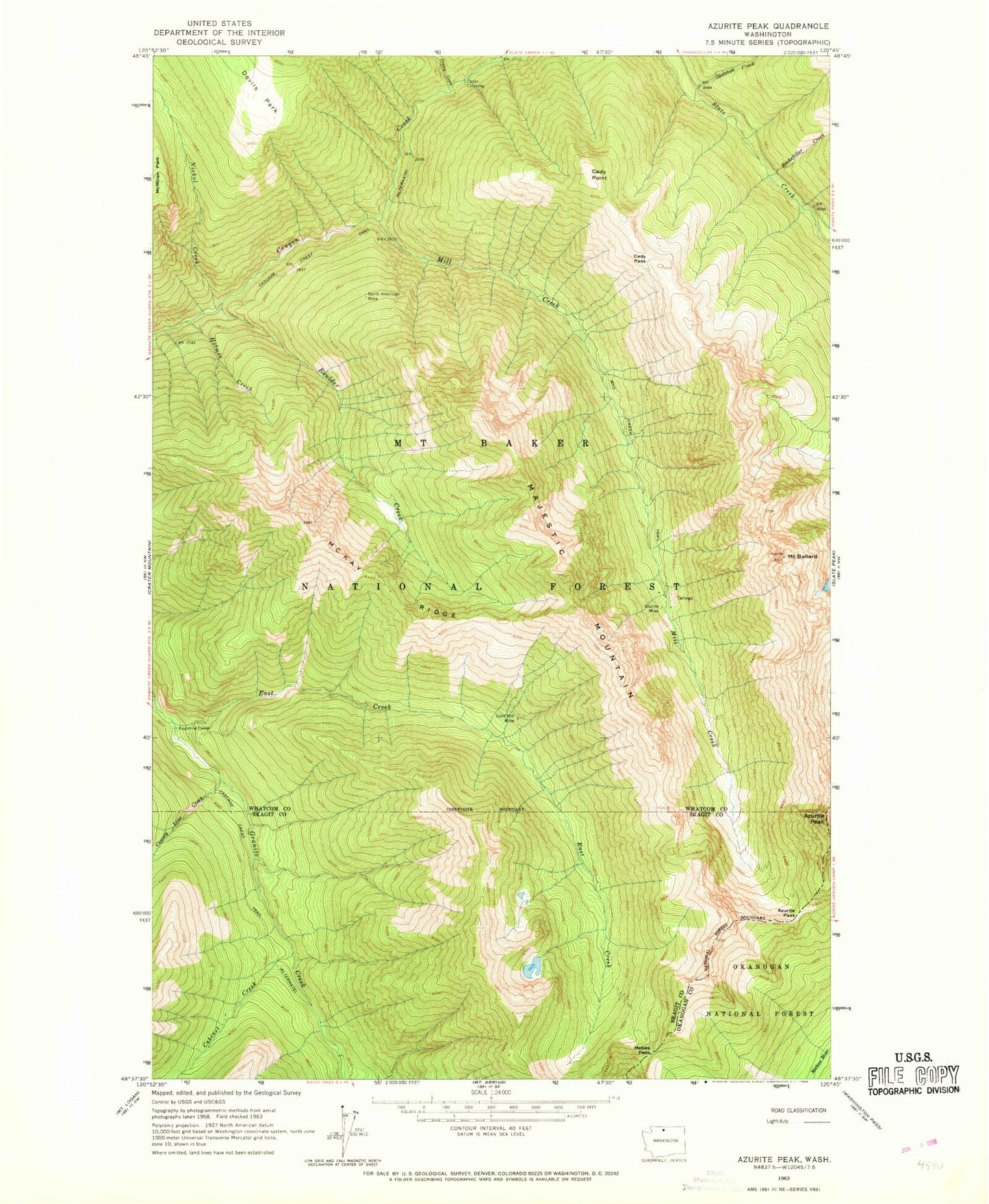 Classic USGS Azurite Peak Washington 7.5'x7.5' Topo Map Image