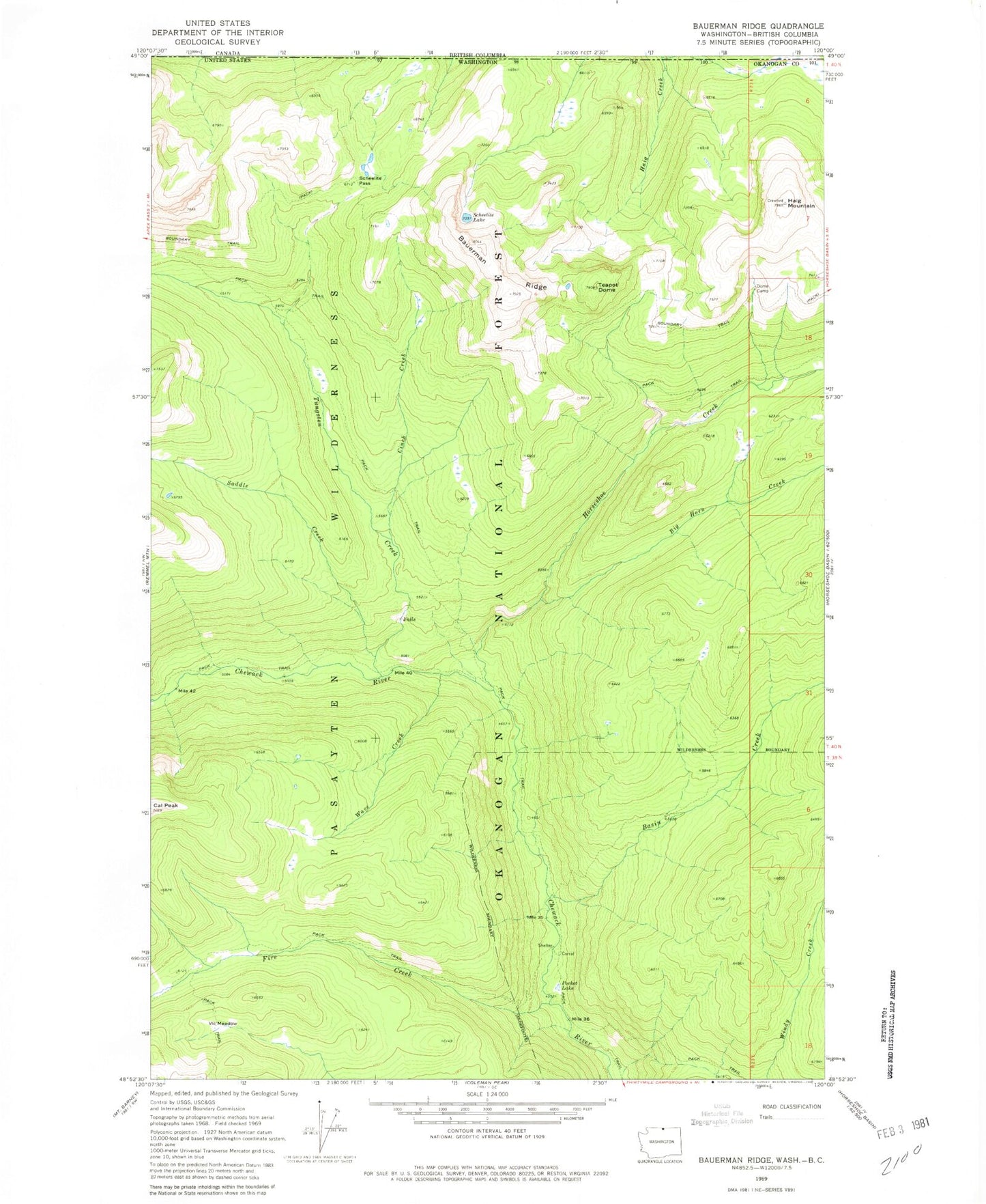 Classic USGS Bauerman Ridge Washington 7.5'x7.5' Topo Map Image