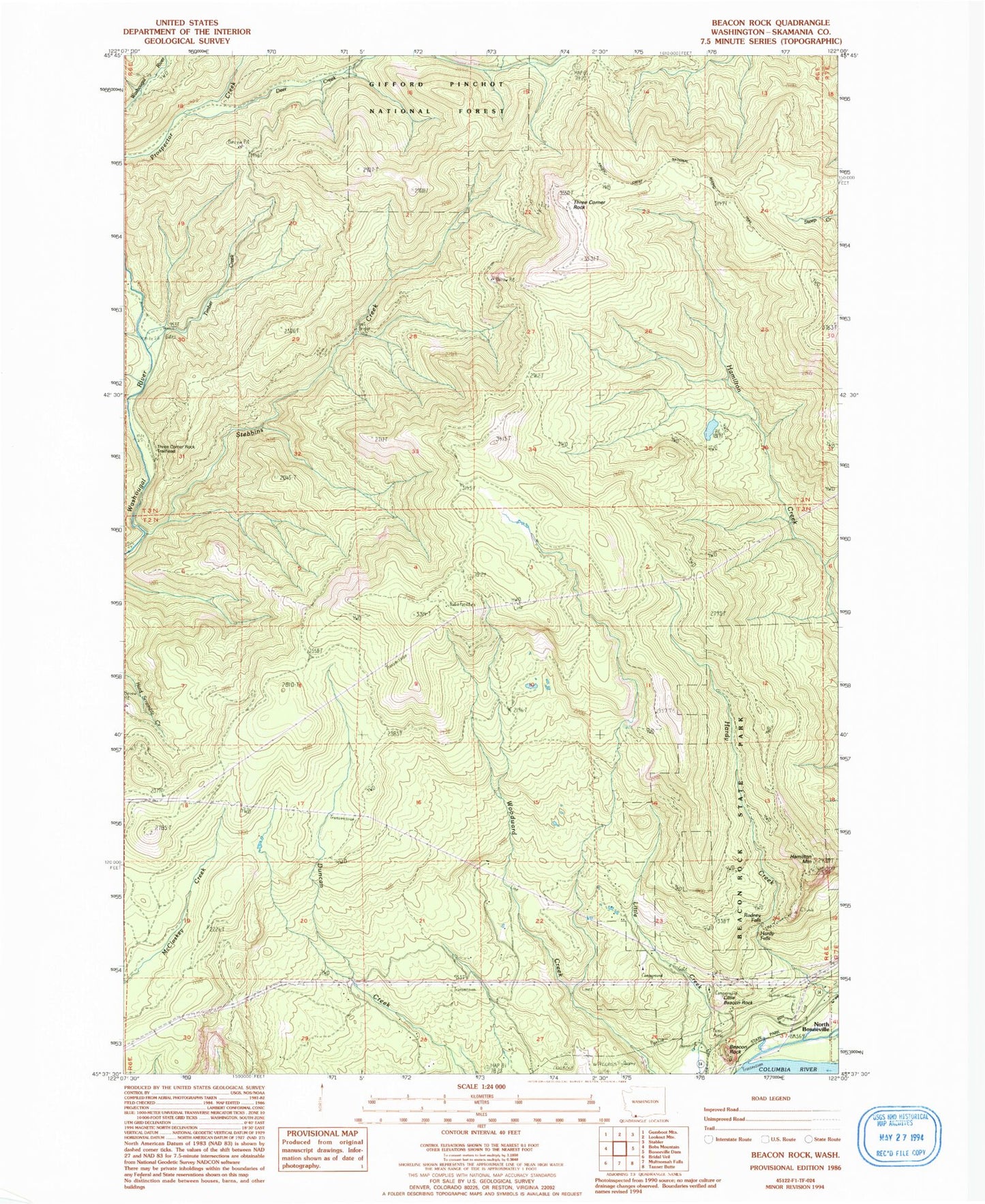 Classic USGS Beacon Rock Washington 7.5'x7.5' Topo Map Image