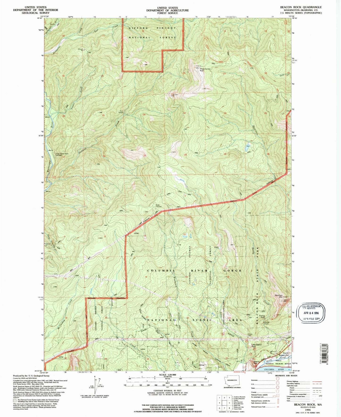 Classic USGS Beacon Rock Washington 7.5'x7.5' Topo Map Image