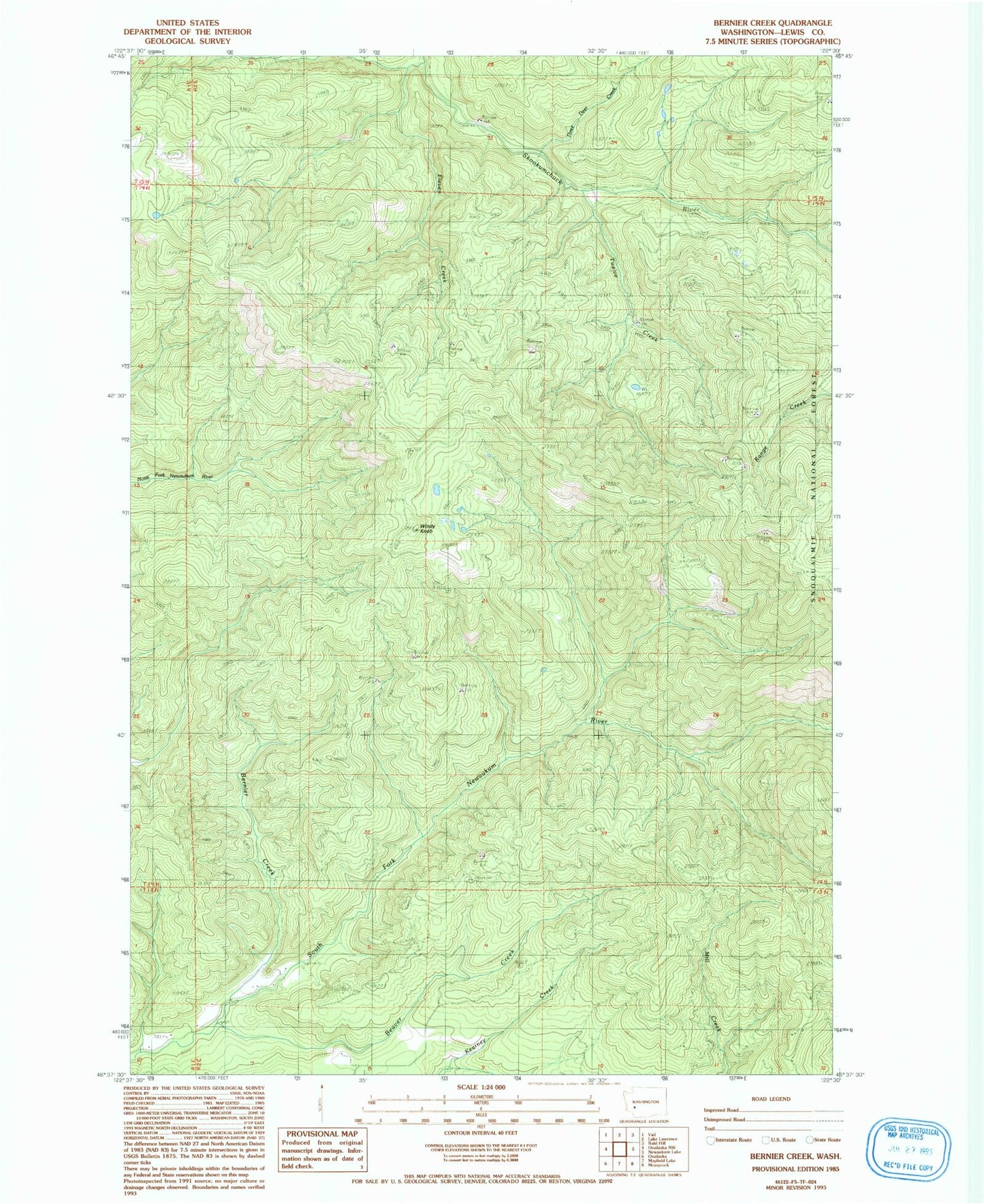 Classic USGS Bernier Creek Washington 7.5'x7.5' Topo Map Image