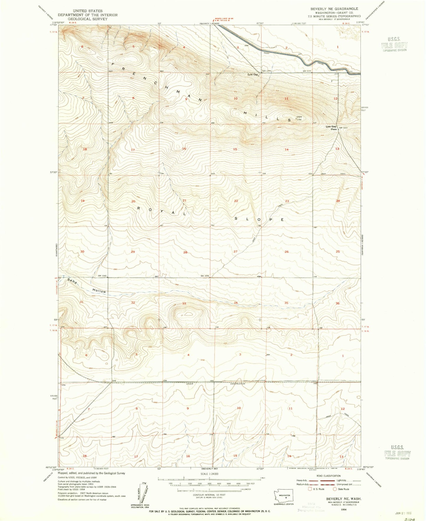 Classic USGS Beverly NE Washington 7.5'x7.5' Topo Map Image