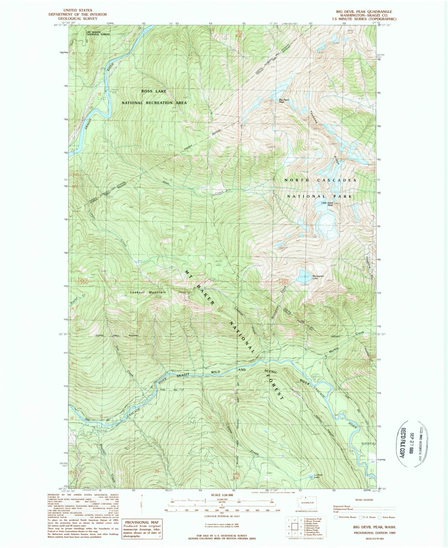Classic USGS Big Devil Peak Washington 7.5'x7.5' Topo Map Image