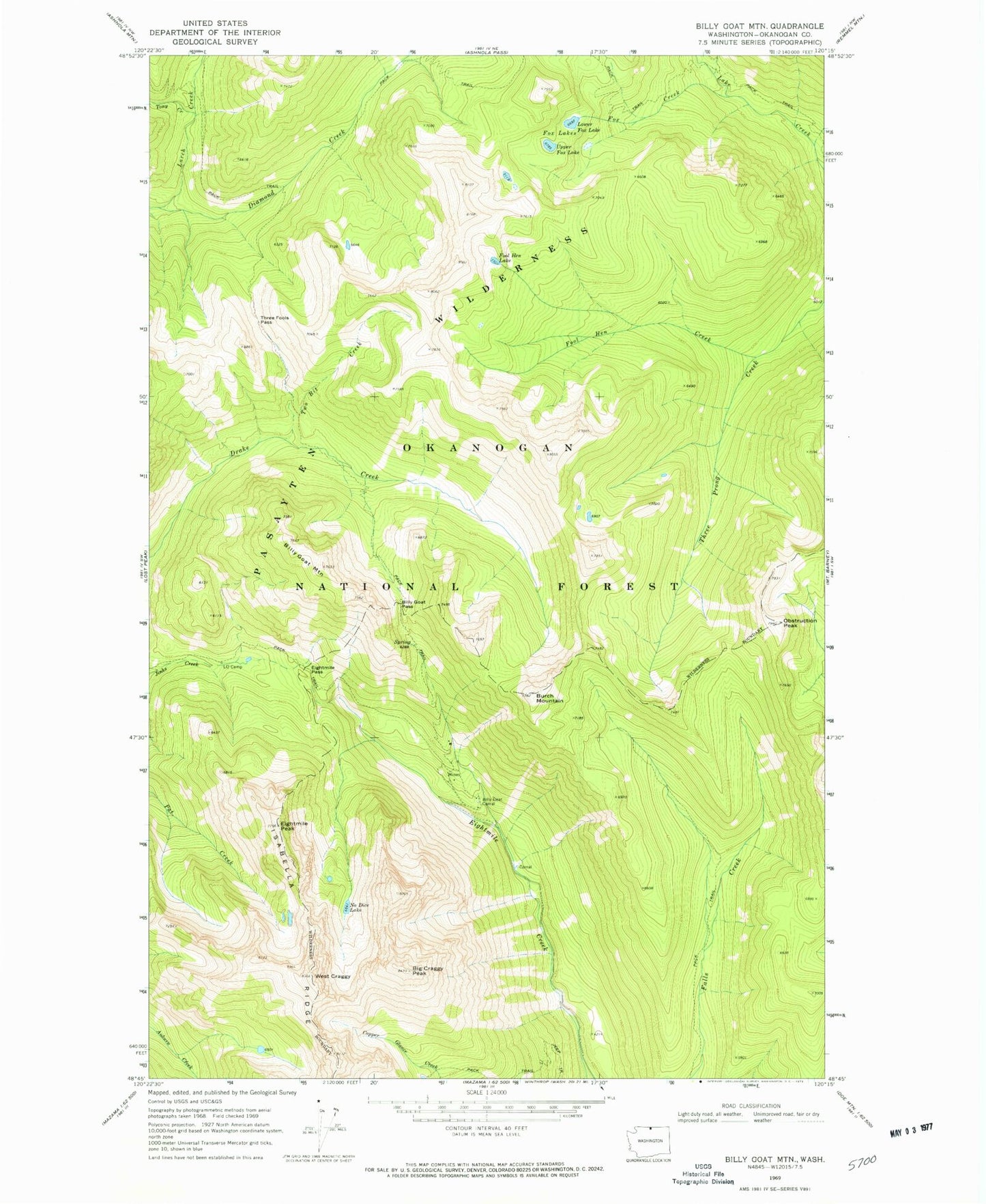 Classic USGS Billy Goat Mountain Washington 7.5'x7.5' Topo Map Image