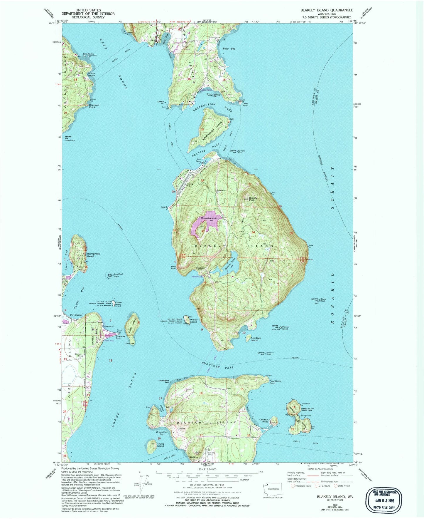 Classic USGS Blakely Island Washington 7.5'x7.5' Topo Map Image