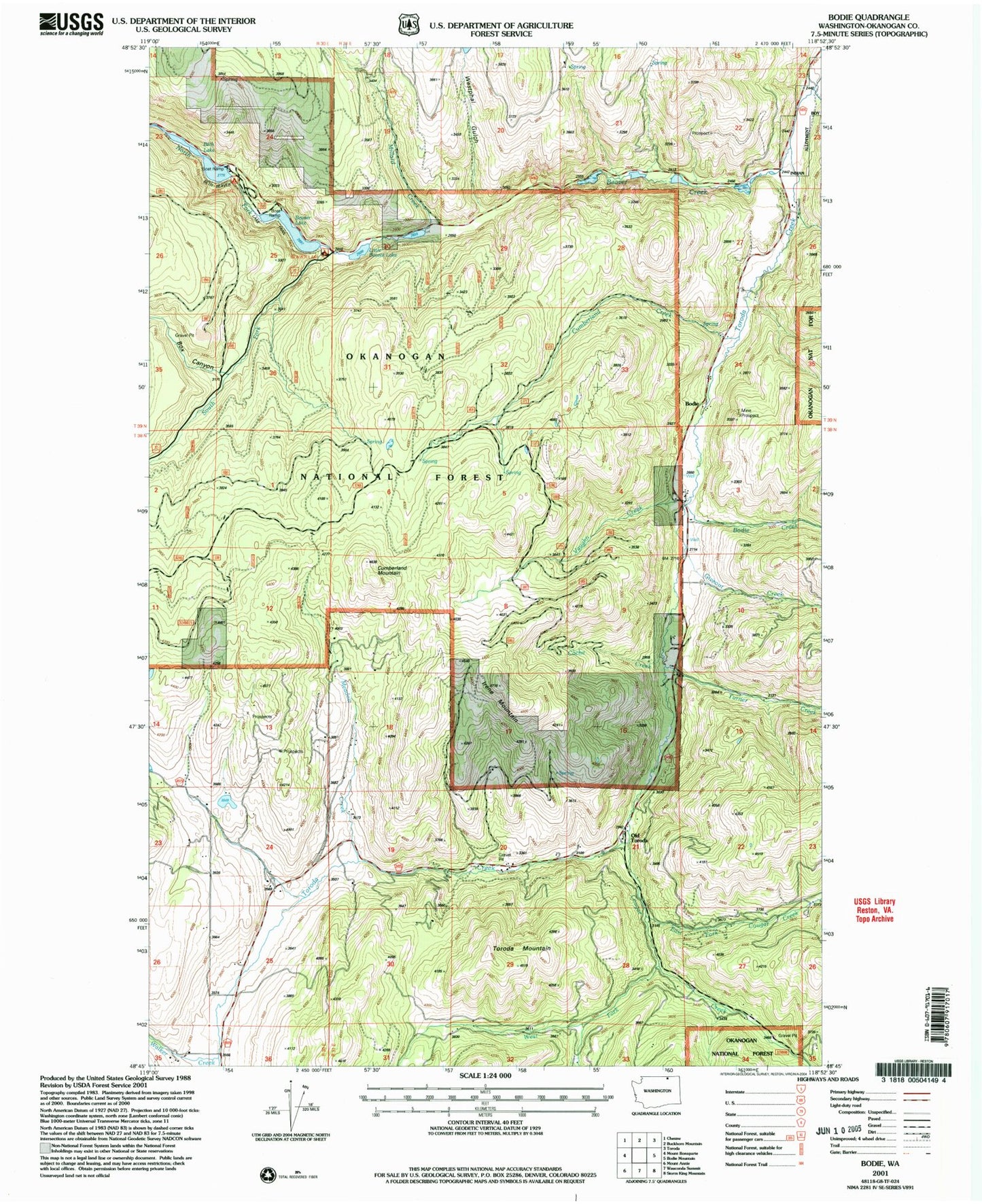 Classic USGS Bodie Washington 7.5'x7.5' Topo Map Image