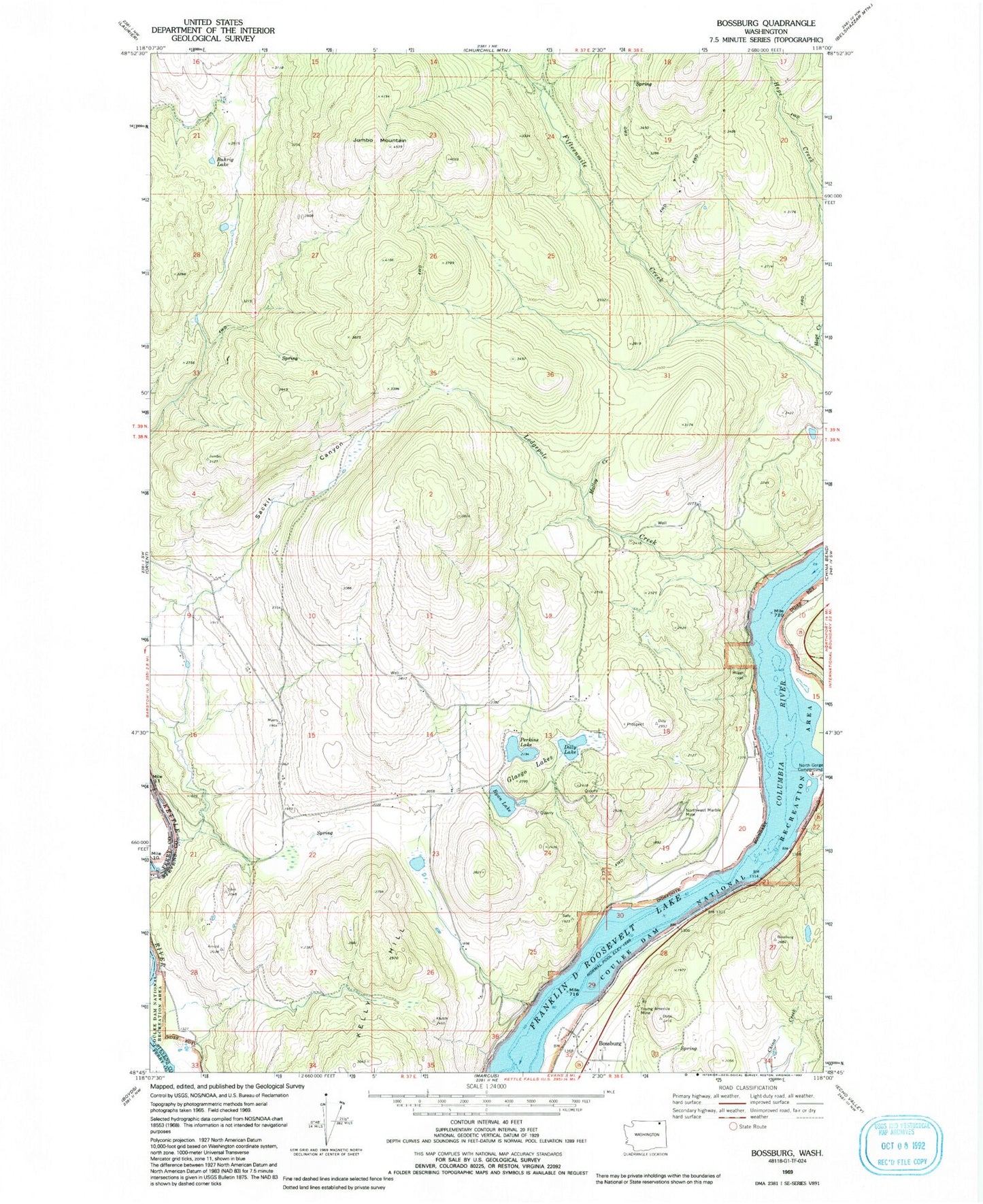 Classic USGS Bossburg Washington 7.5'x7.5' Topo Map Image