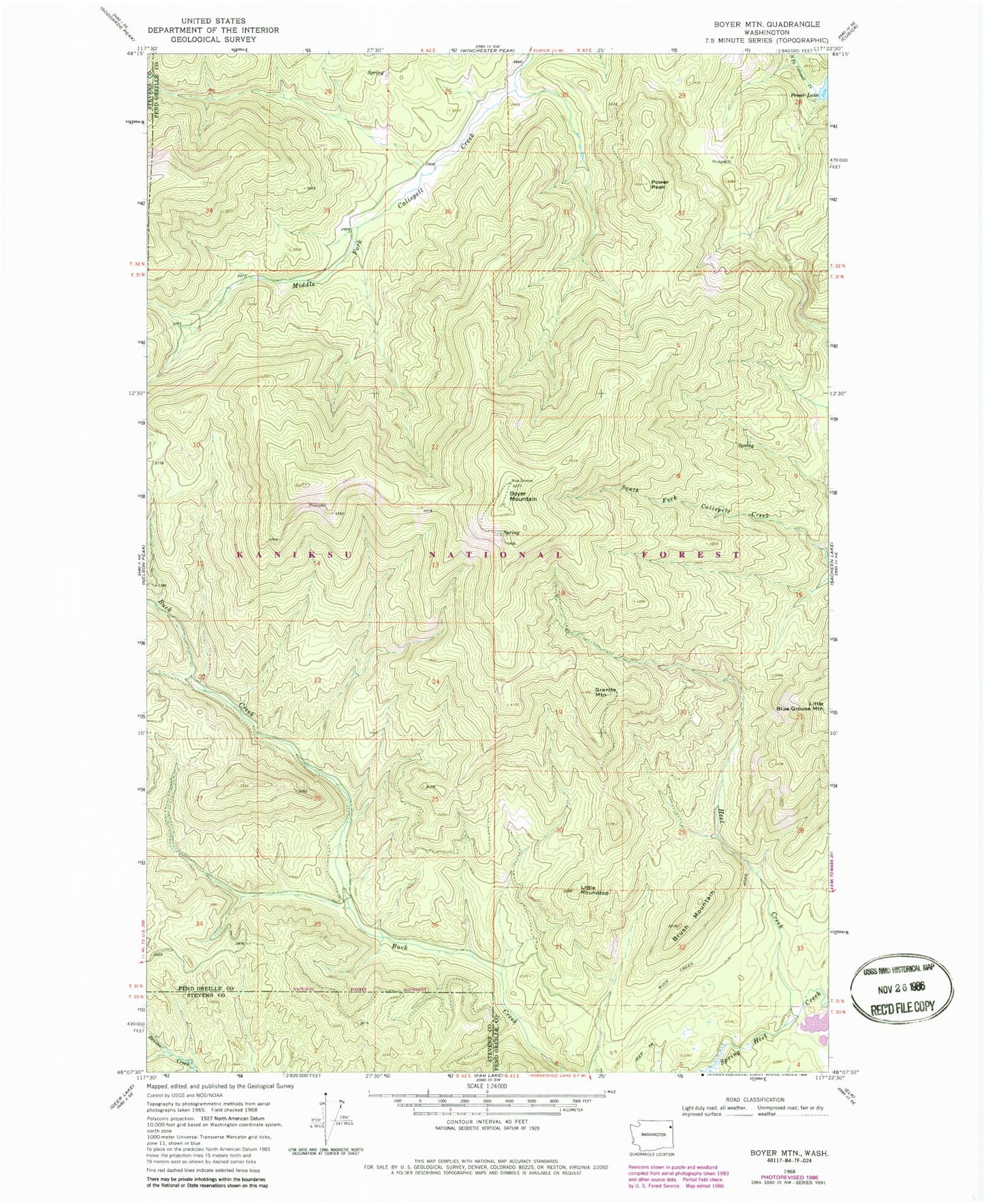 Classic USGS Boyer Mountain Washington 7.5'x7.5' Topo Map Image