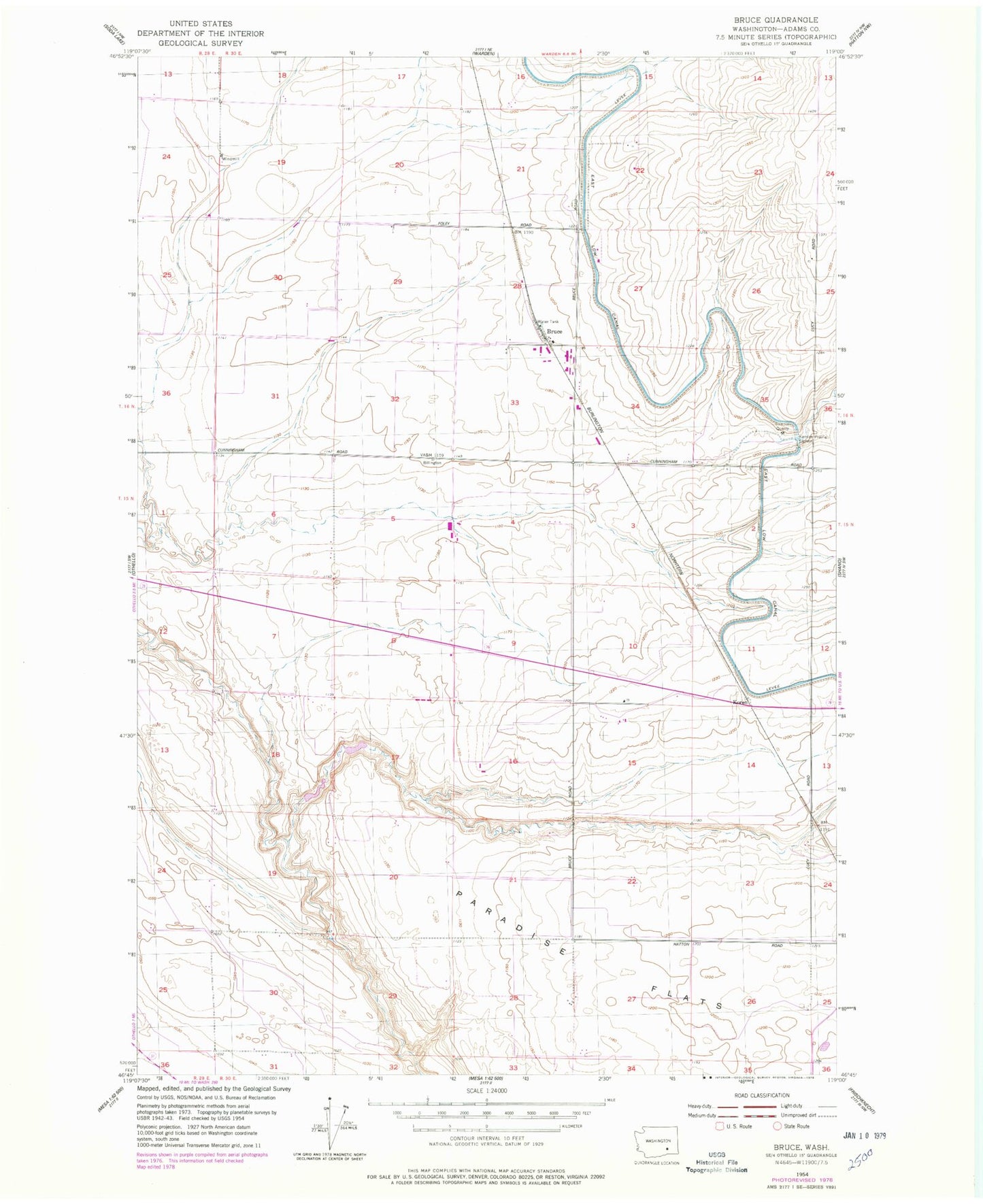 Classic USGS Bruce Washington 7.5'x7.5' Topo Map Image