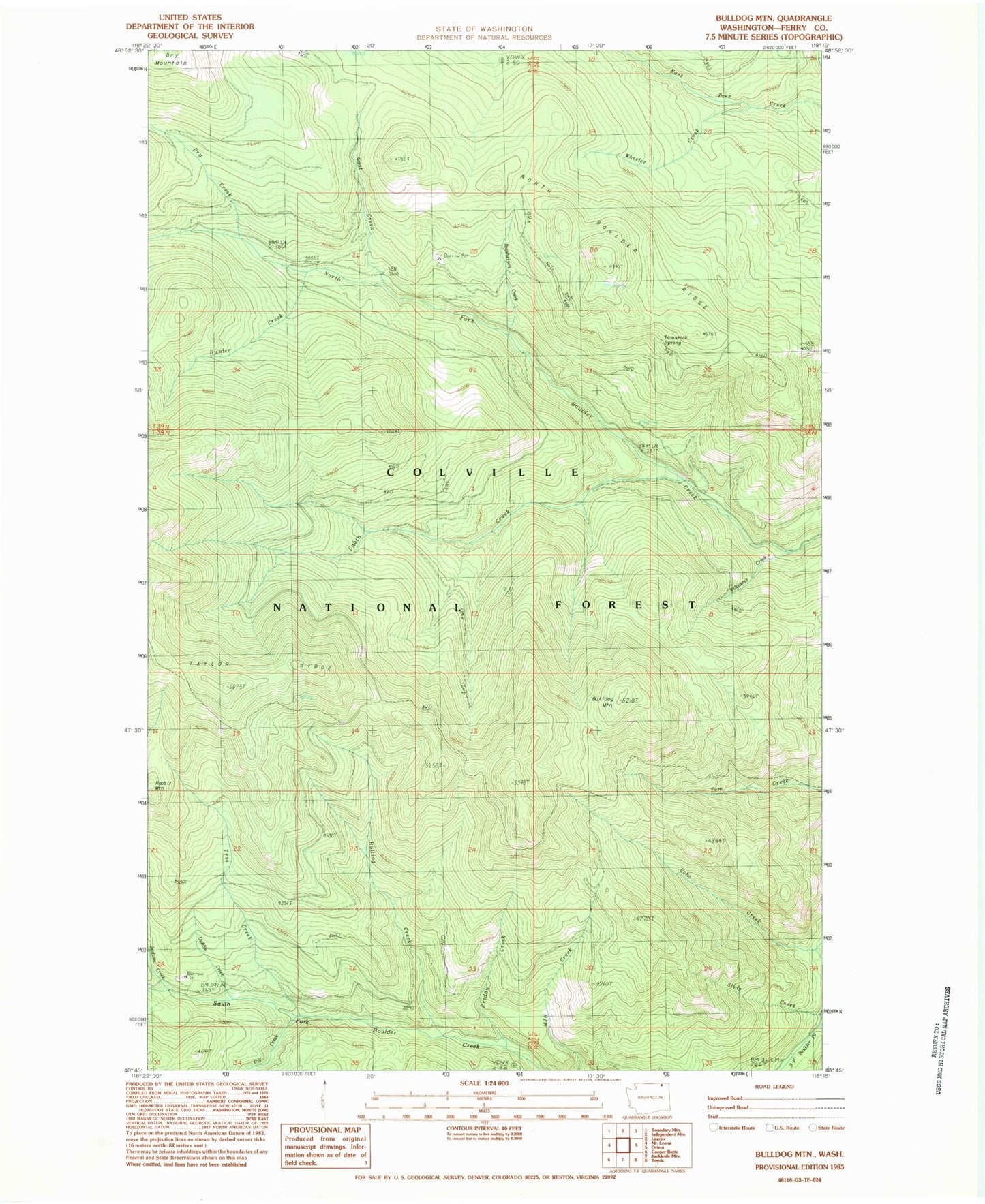 Classic USGS Bulldog Mountain Washington 7.5'x7.5' Topo Map Image