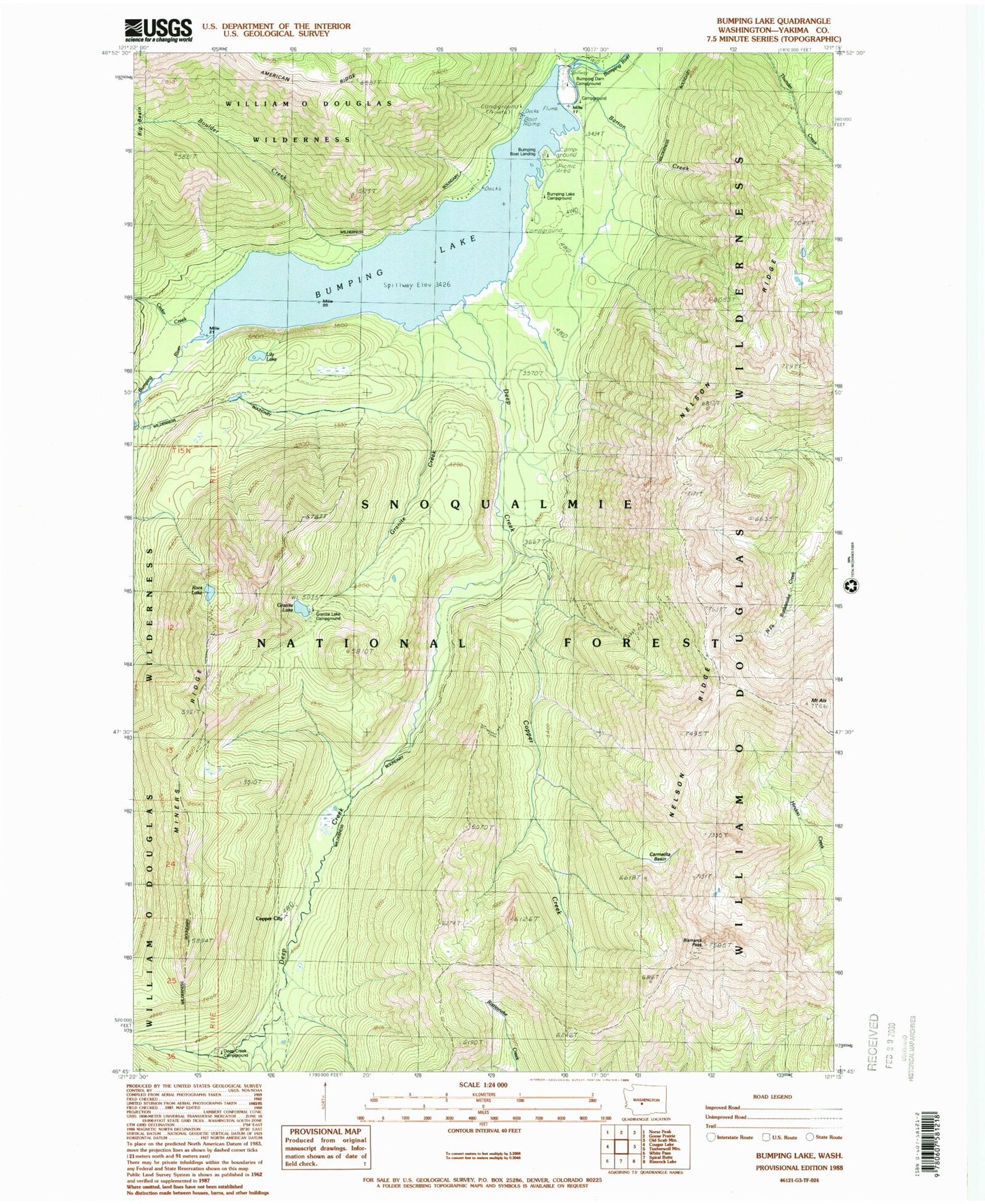 Classic USGS Bumping Lake Washington 7.5'x7.5' Topo Map Image