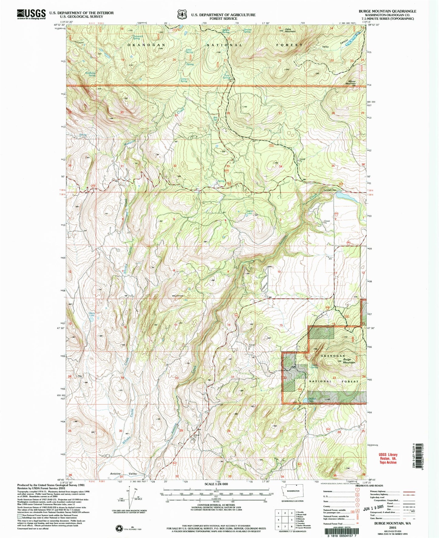 Classic USGS Burge Mountain Washington 7.5'x7.5' Topo Map Image