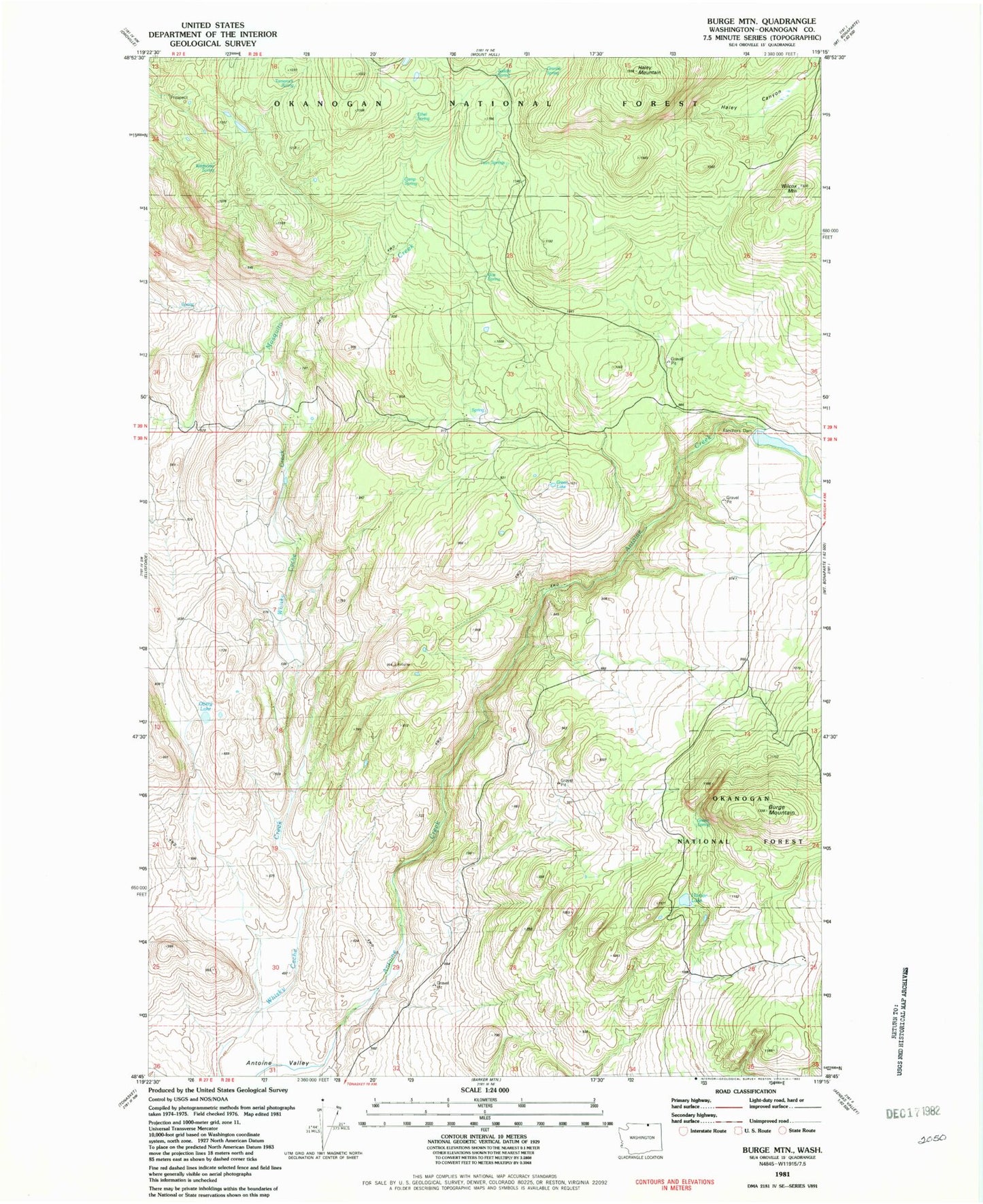 Classic USGS Burge Mountain Washington 7.5'x7.5' Topo Map Image