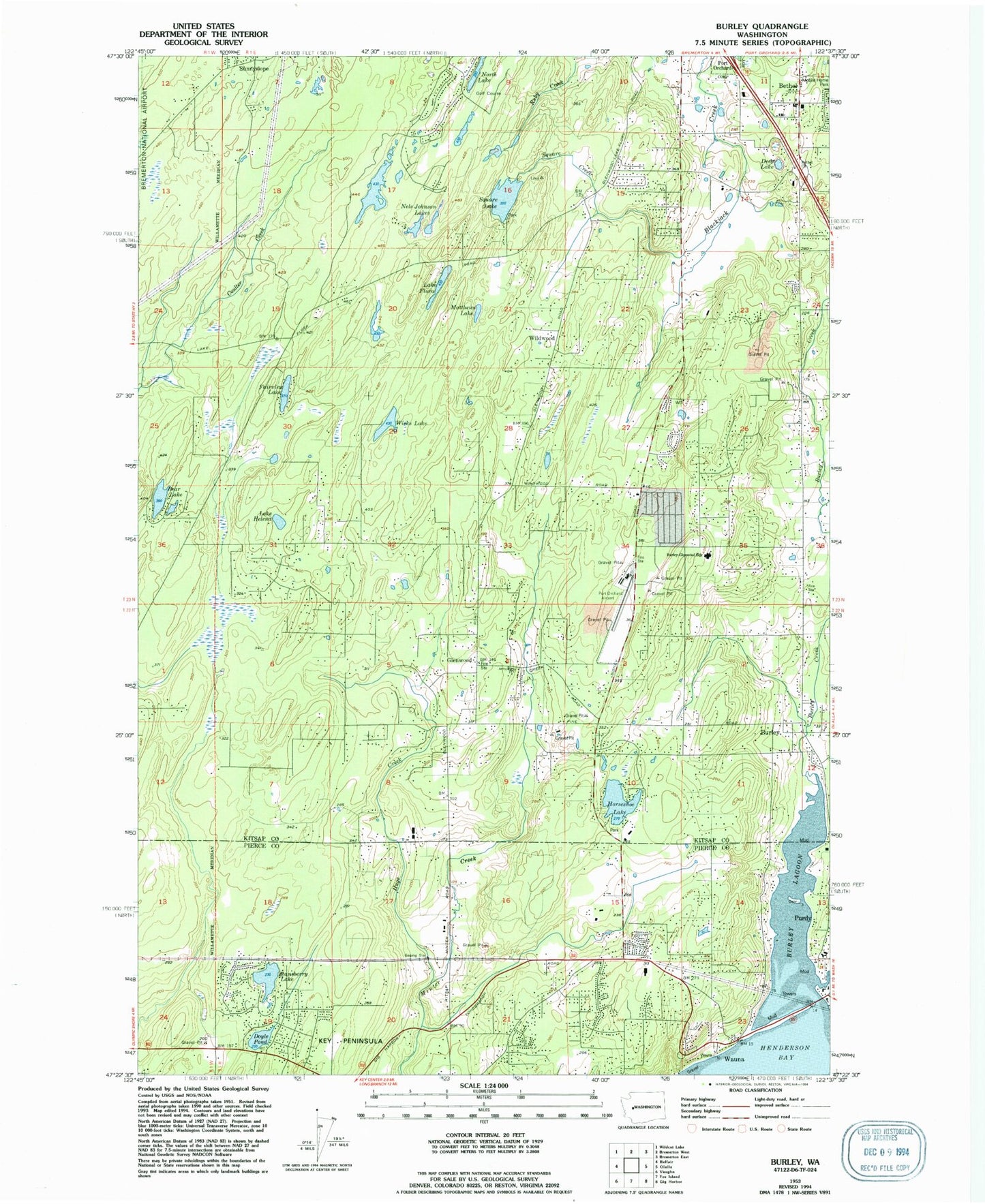 Classic USGS Burley Washington 7.5'x7.5' Topo Map Image