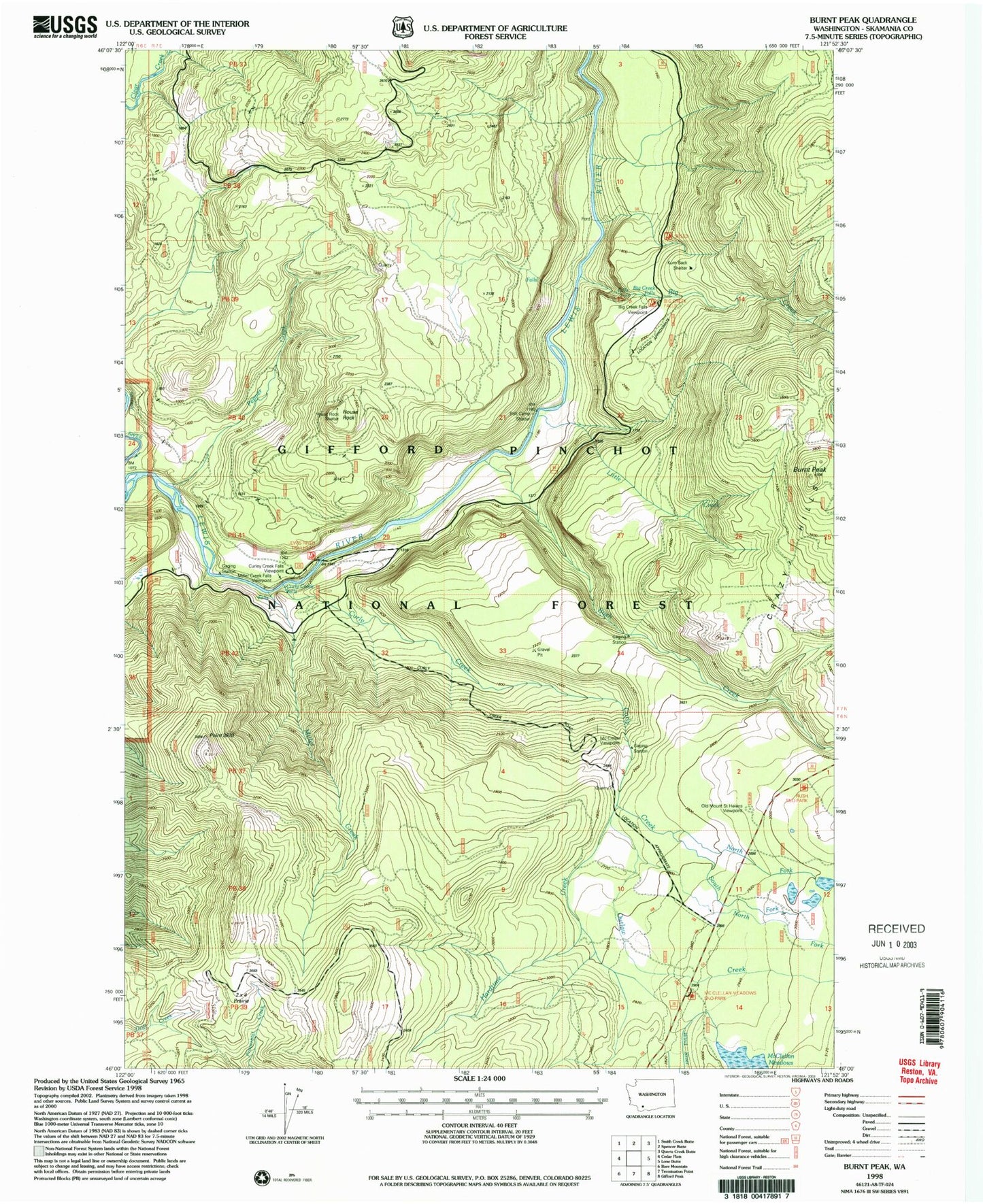 Classic USGS Burnt Peak Washington 7.5'x7.5' Topo Map Image