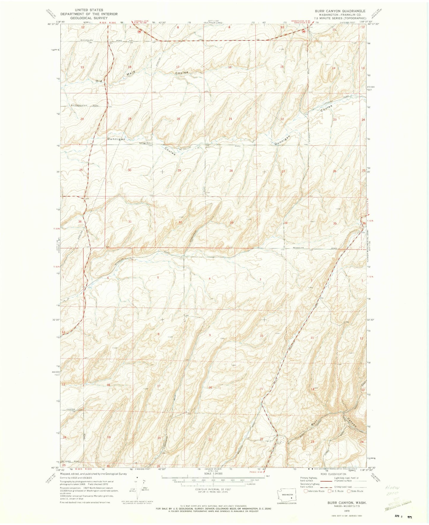 Classic USGS Burr Canyon Washington 7.5'x7.5' Topo Map Image