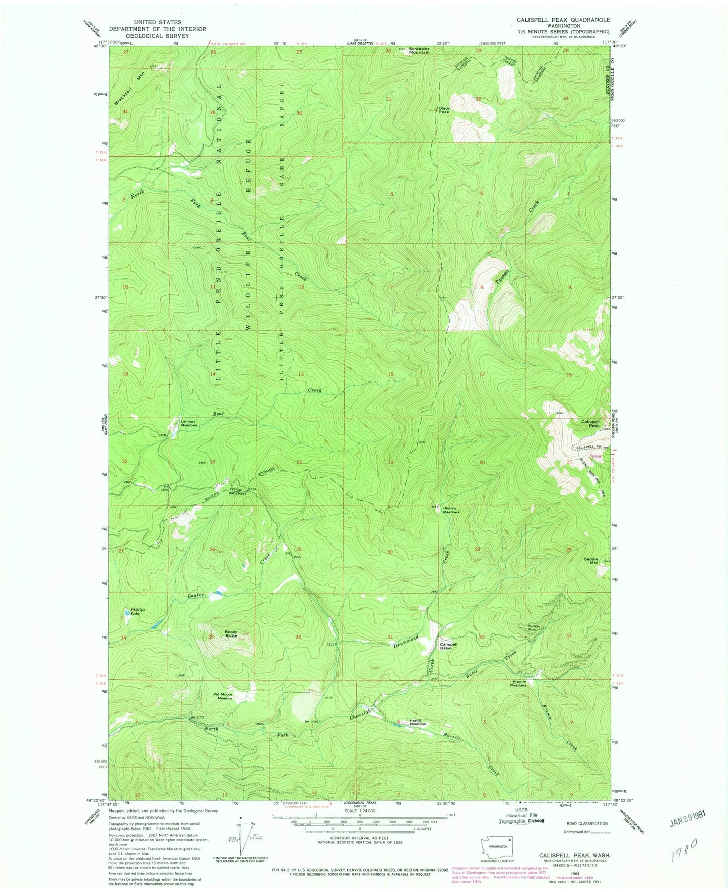 Classic USGS Calispell Peak Washington 7.5'x7.5' Topo Map Image