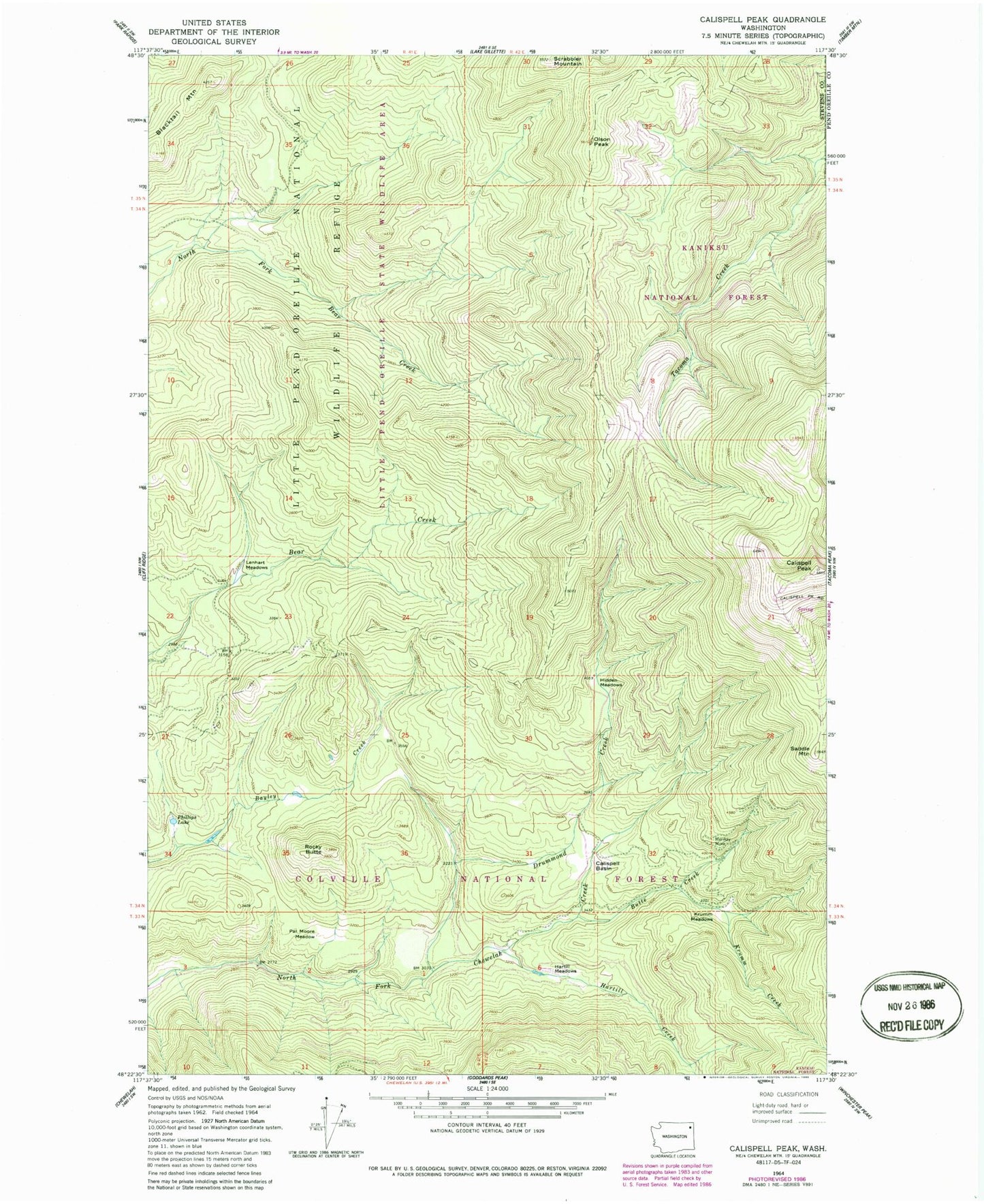 Classic USGS Calispell Peak Washington 7.5'x7.5' Topo Map Image