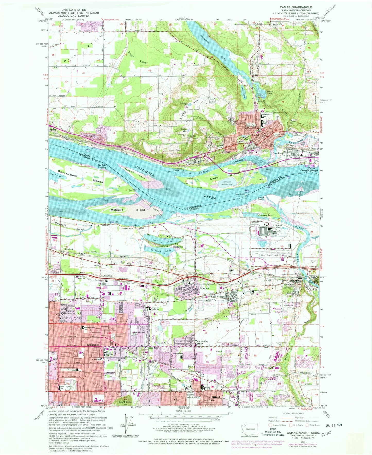 Classic USGS Camas Washington 7.5'x7.5' Topo Map Image