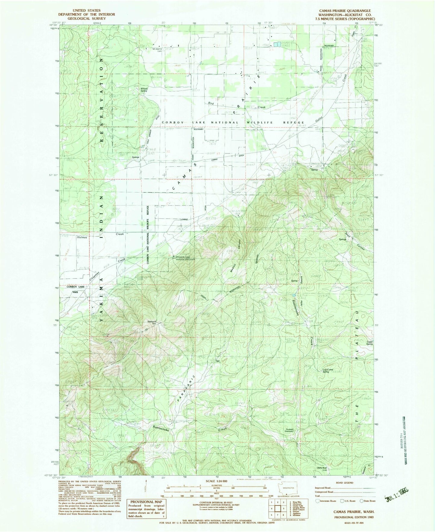 Classic USGS Camas Prairie Washington 7.5'x7.5' Topo Map Image
