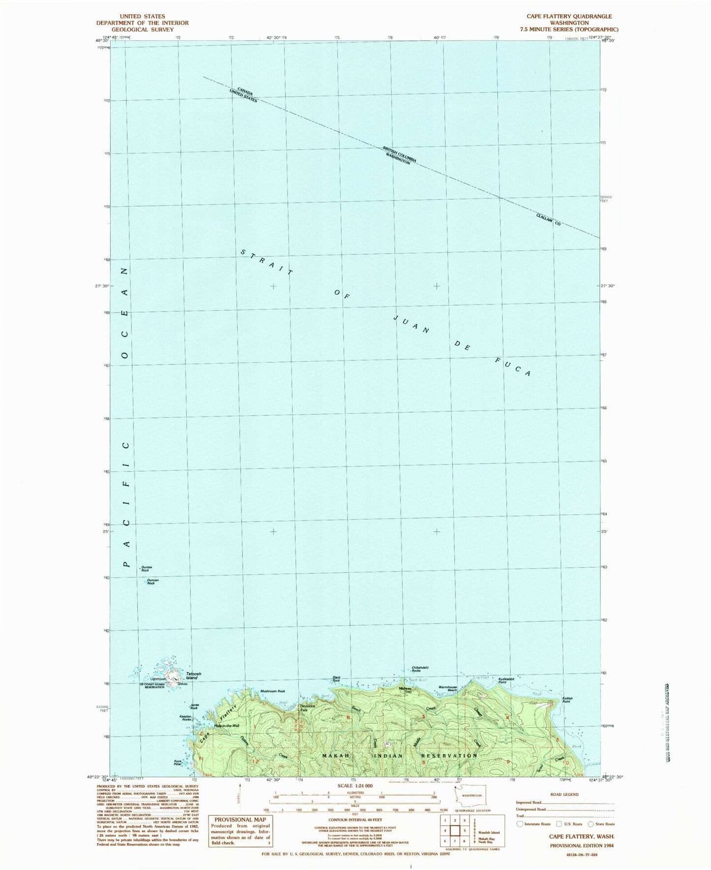 Classic USGS Cape Flattery Washington 7.5'x7.5' Topo Map Image