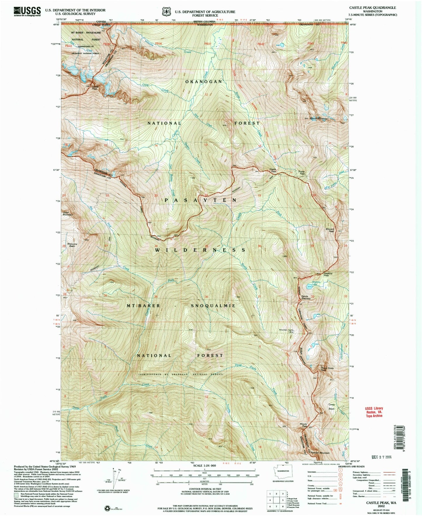 Classic USGS Castle Peak Washington 7.5'x7.5' Topo Map Image